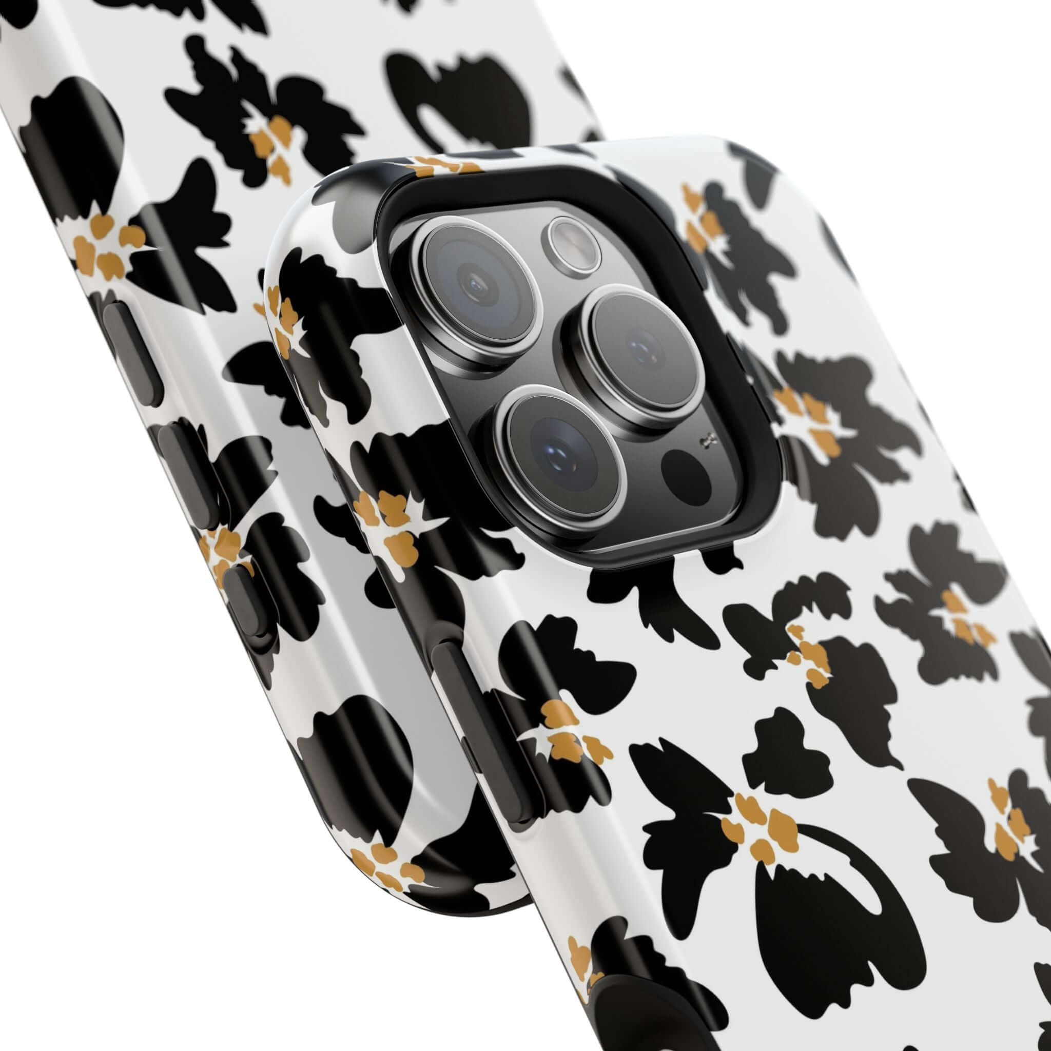 Modern Noir Flora black floral iPhone case with animal print design, cute and protective MagSafe phone cover.