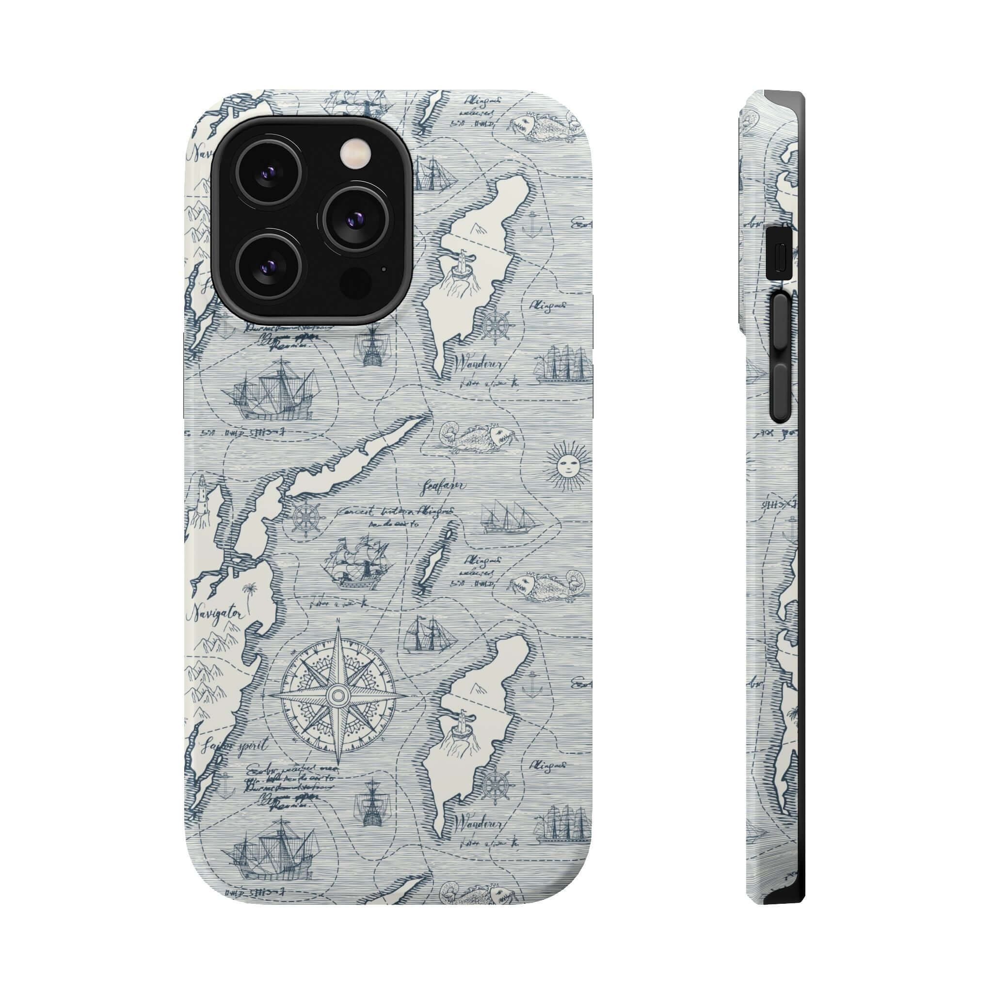 Pirates Passageway teal phone case with nautical map design for iPhone 14 Pro Max, featuring MagSafe technology, front and side views