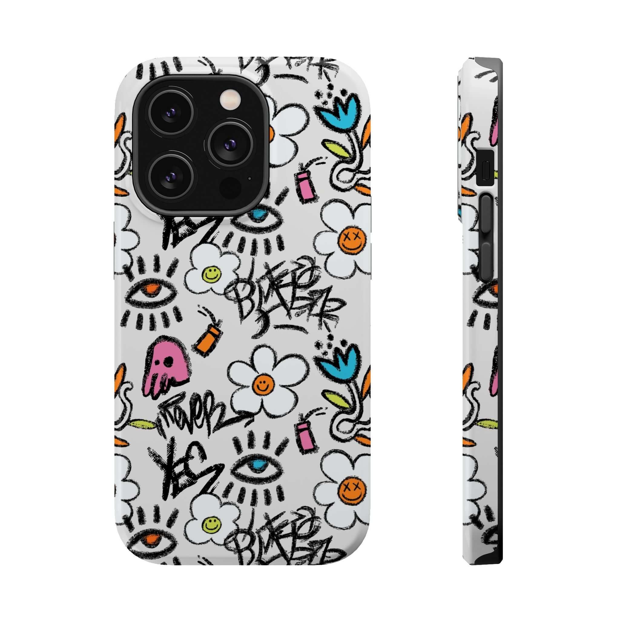 Happy Chaos Floral Graffiti Case featuring vibrant colors and fun designs, a cute phone cover for iPhone lovers.