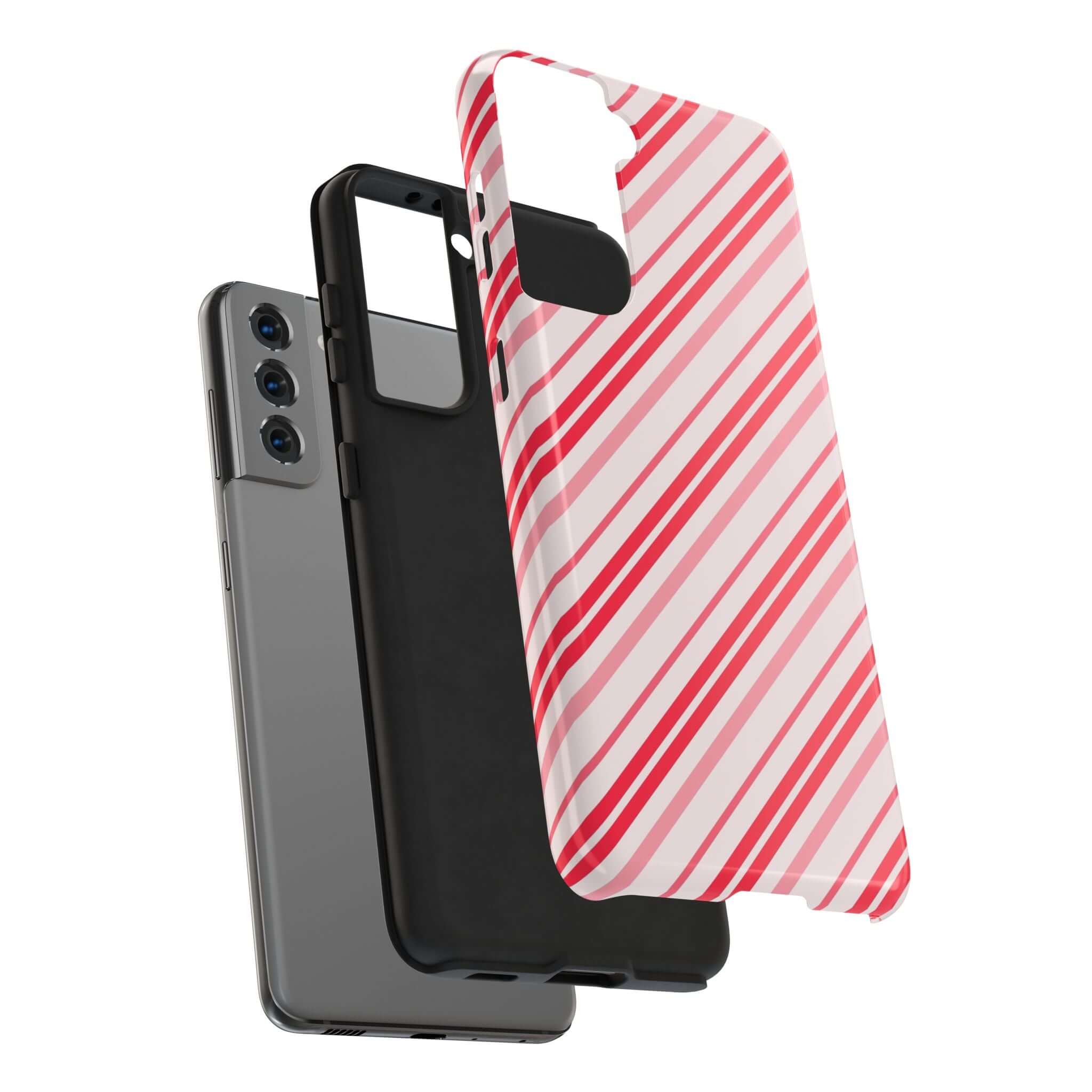 Striped holiday phone case with candy cane design shown on smartphone, perfect for cute and custom iPhone case enthusiasts.