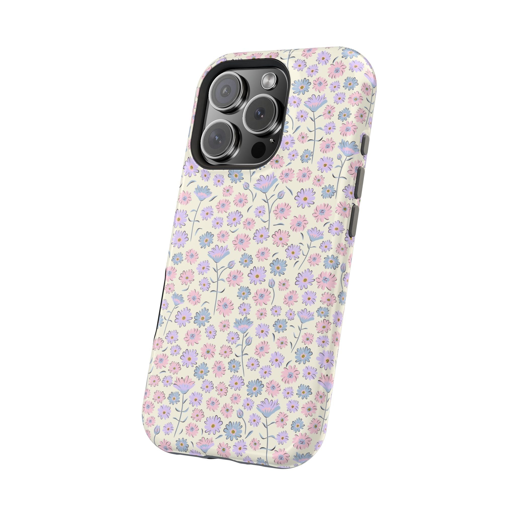 Cottage Mornings pink flower MagSafe phone case for iPhone 16, featuring a cute, cottagecore floral design.