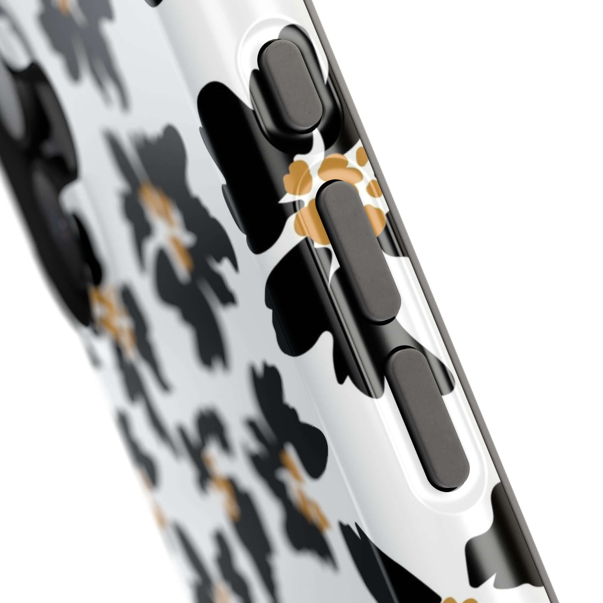 Modern Noir Flora black floral iPhone case with animal print design, showcasing stylish and cute MagSafe protection.