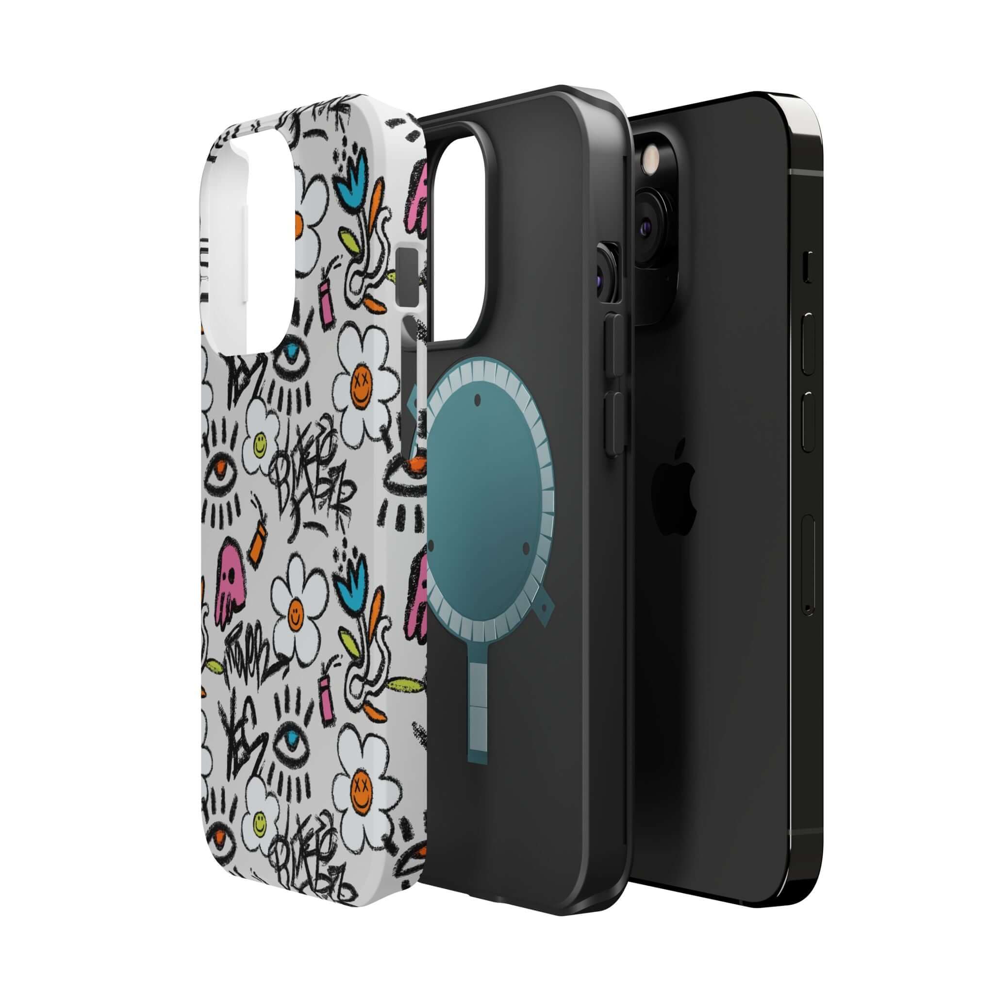 Colorful Happy Chaos Floral Graffiti Phone Case showcasing artistic patterns for iPhone, a cute phone cover that stands out.