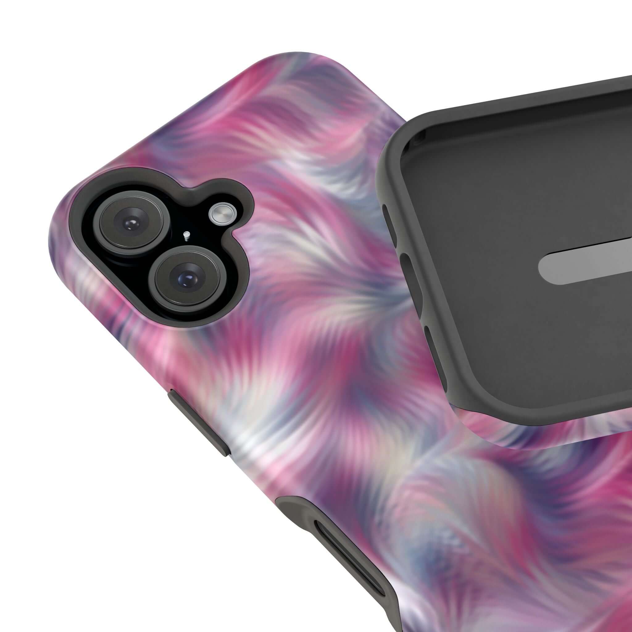 Purple abstract MagSafe iPhone case with tie dye swirl design, perfect cute phone cover with floral vibes.