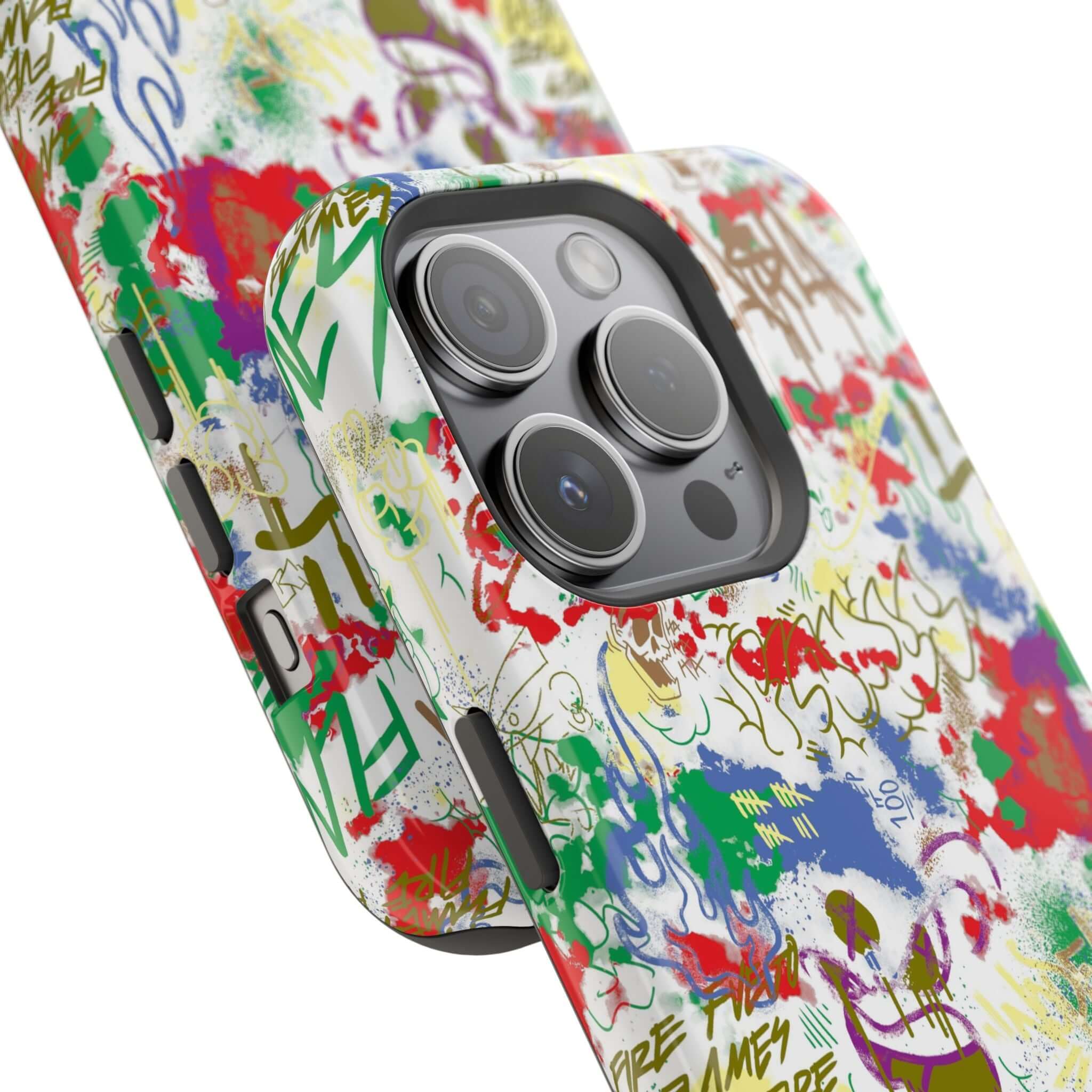 Colorful graffiti iPhone case showcasing street art design, perfect cute phone cover with MagSafe compatibility.