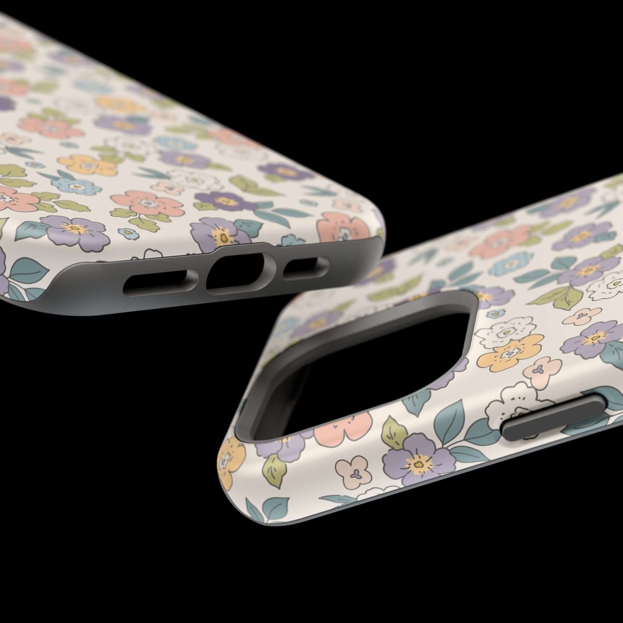 Colorful Ditsy Daisies floral iPhone case showcasing cute design and MagSafe compatibility. Perfect beachy phone cover!