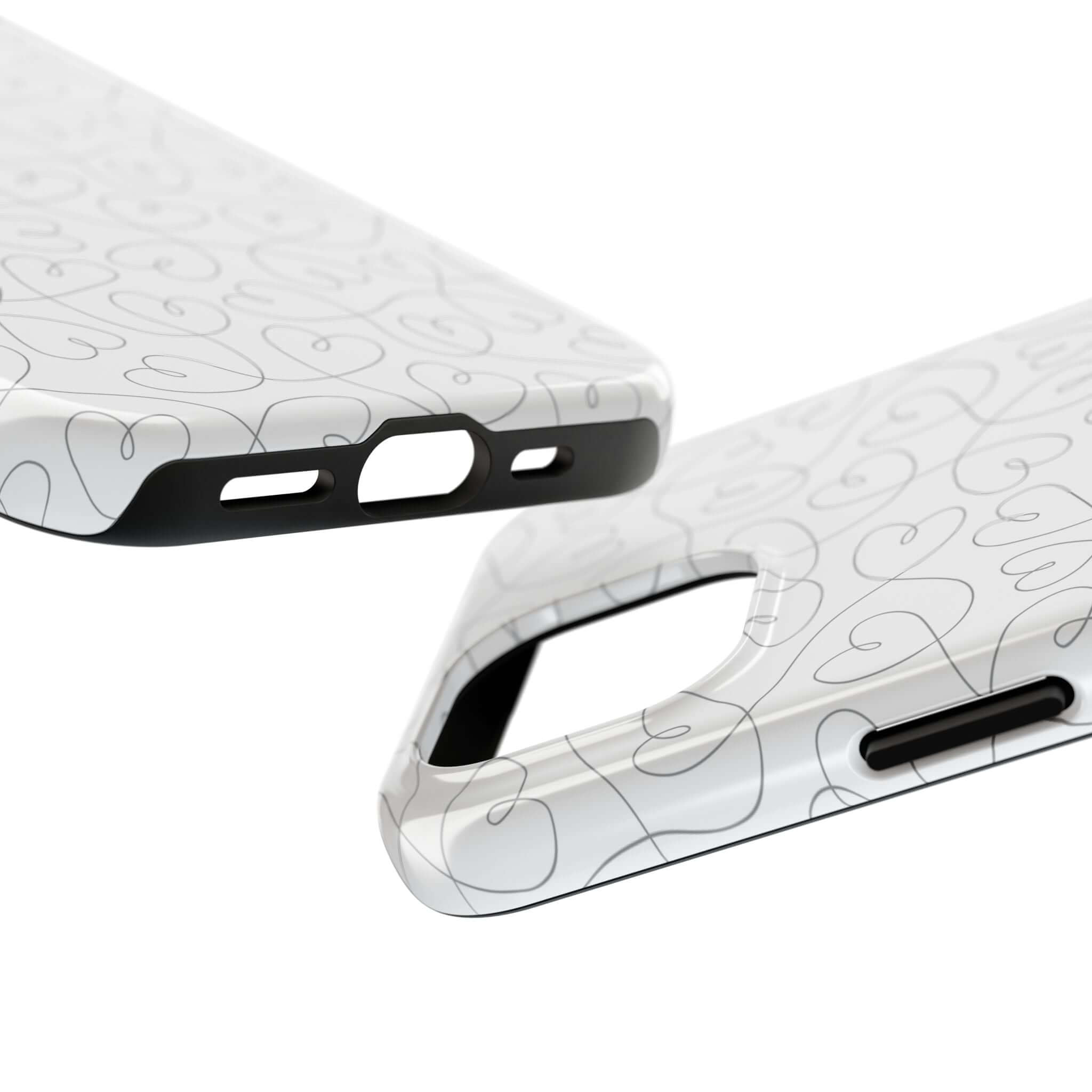 Cute abstract hearts phone case for iPhone 14 Pro Max, perfect for brides and weddings, with silver background design.