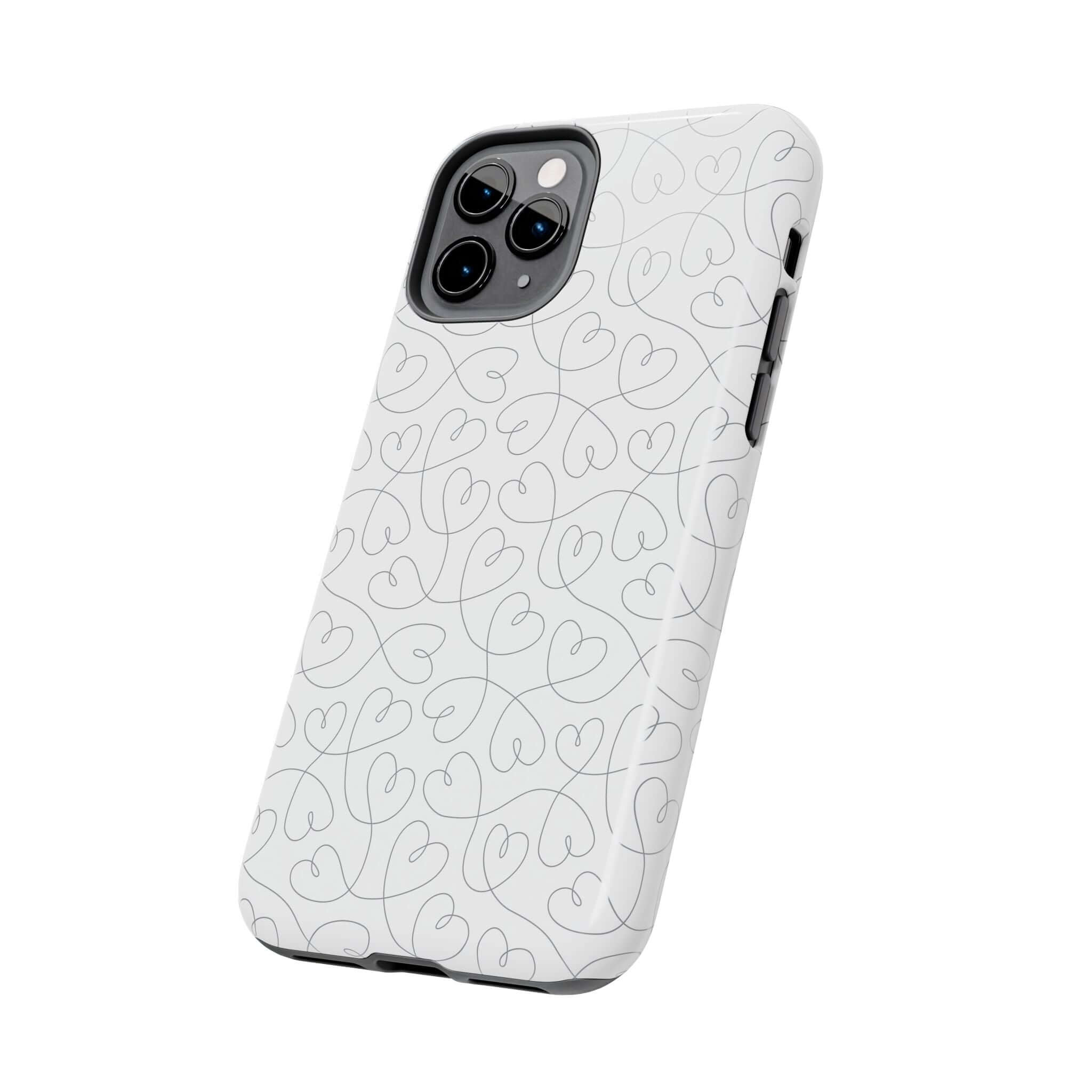 Silver Hearts Romance phone case with abstract heart design for iPhone 14 Pro Max, perfect for brides and weddings. Cute and stylish phone case.