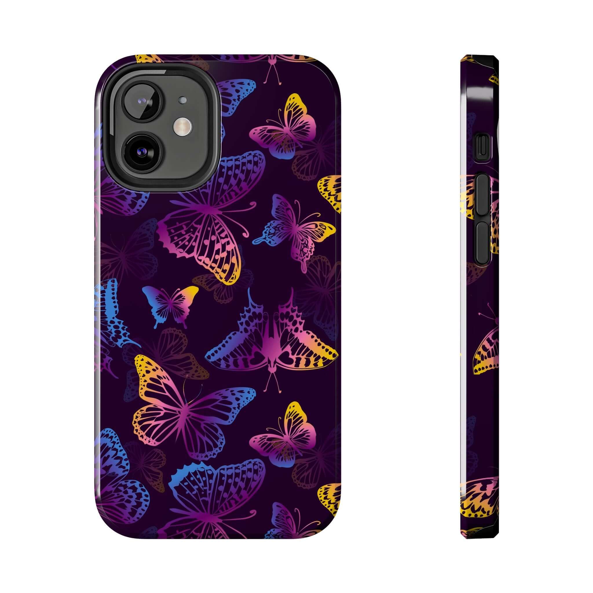 Midnight Flutter black butterfly MagSafe iPhone case with vibrant floral butterfly design, cute phone cover for bold style lovers.