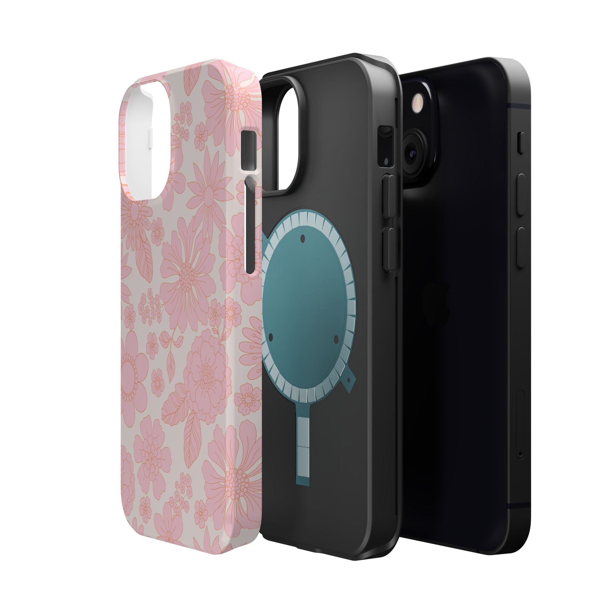 Pink floral iPhone 16 MagSafe case with charming petals design, showcasing a whimsical and cute phone cover for protection.