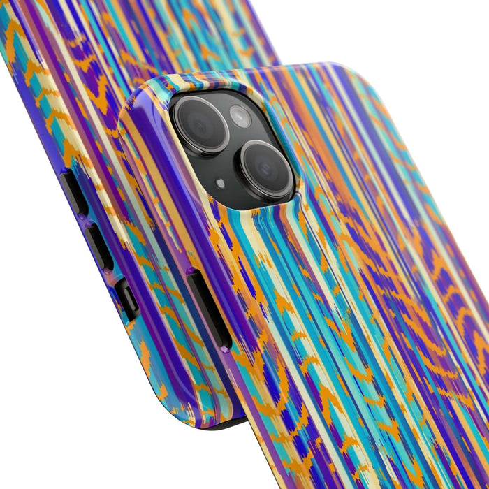 Colorful abstract tie dye iPhone case, featuring vibrant orange, blue, and purple patterns. Perfect cute phone case for style and protection.