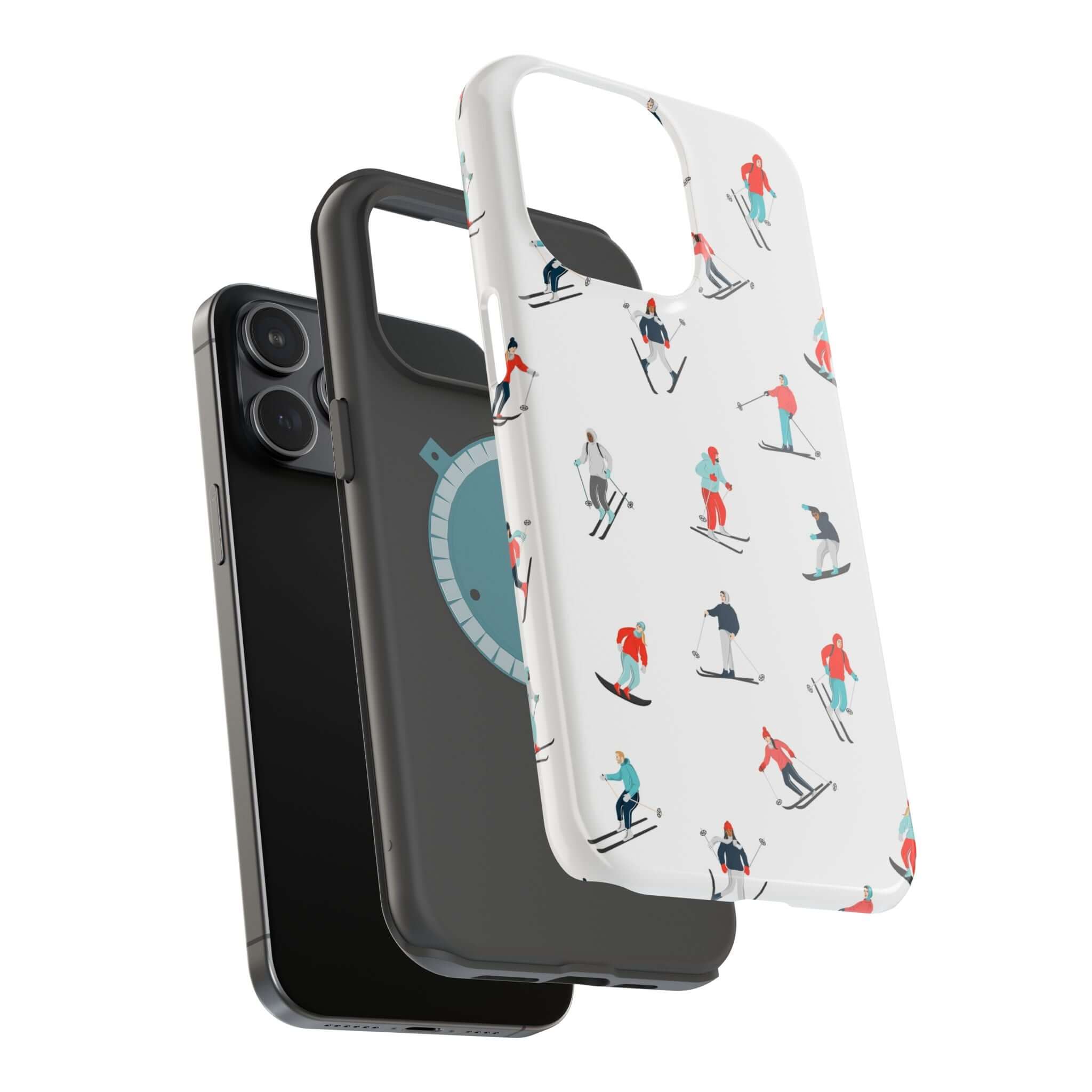 Cute phone covers showcasing winter skiing design and MagSafe compatibility for iPhone protection on the slopes.