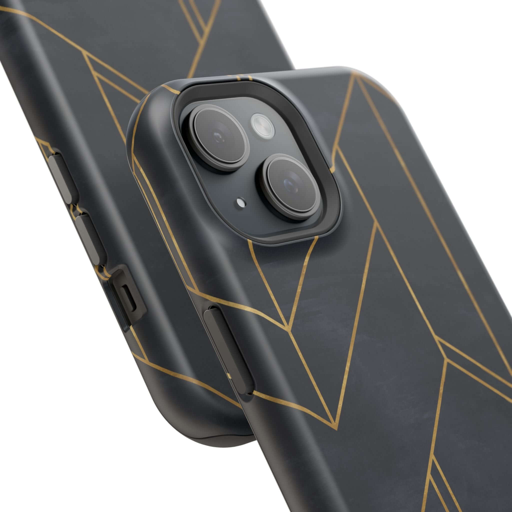 Modern geometric iPhone case with abstract gold lines on a sleek black background, combining urban style and protection.