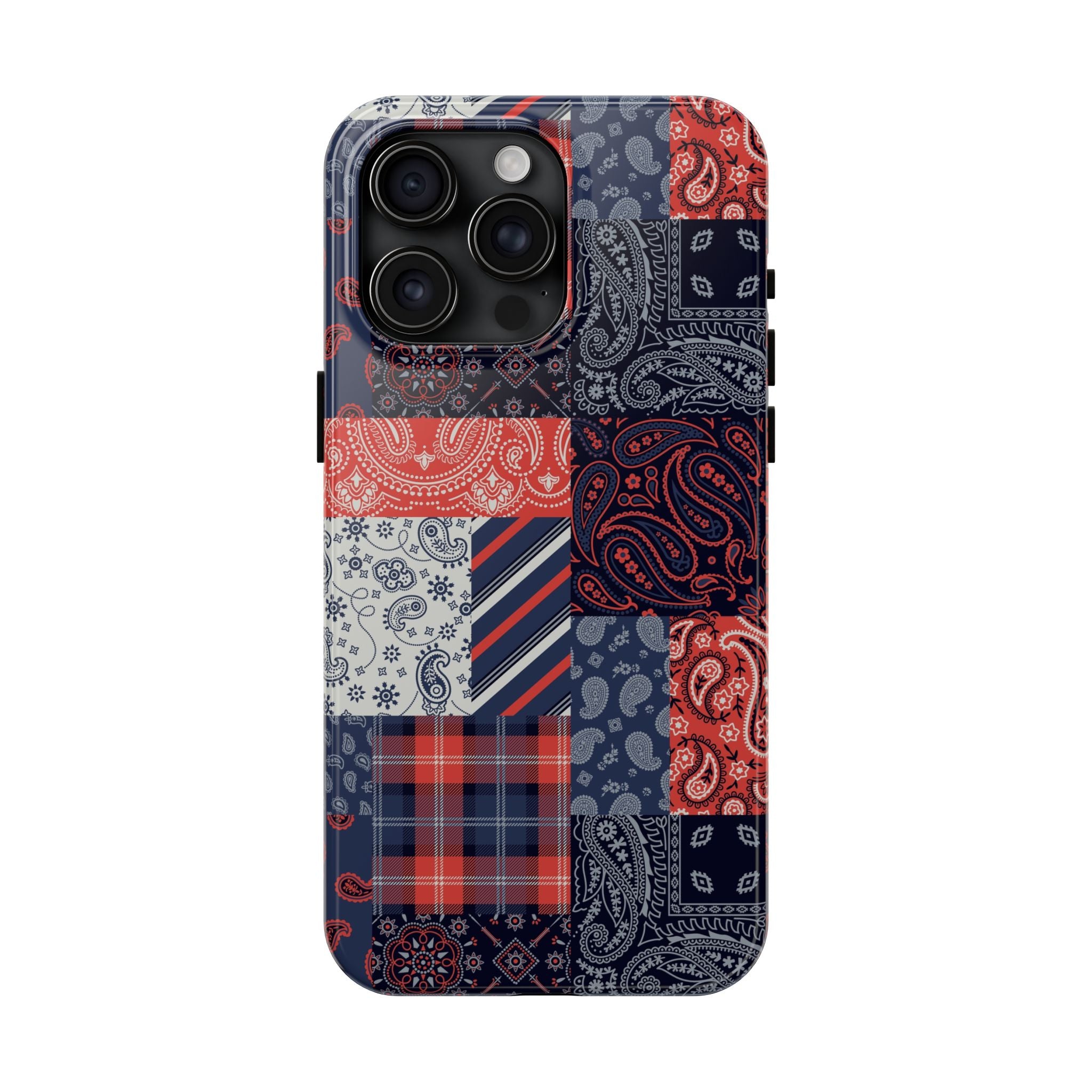 Boho Bandana Patchwork Case for iPhone 14 Pro. Cute and bookish phone case with playful patchwork design. Perfect for fashion-forward style.