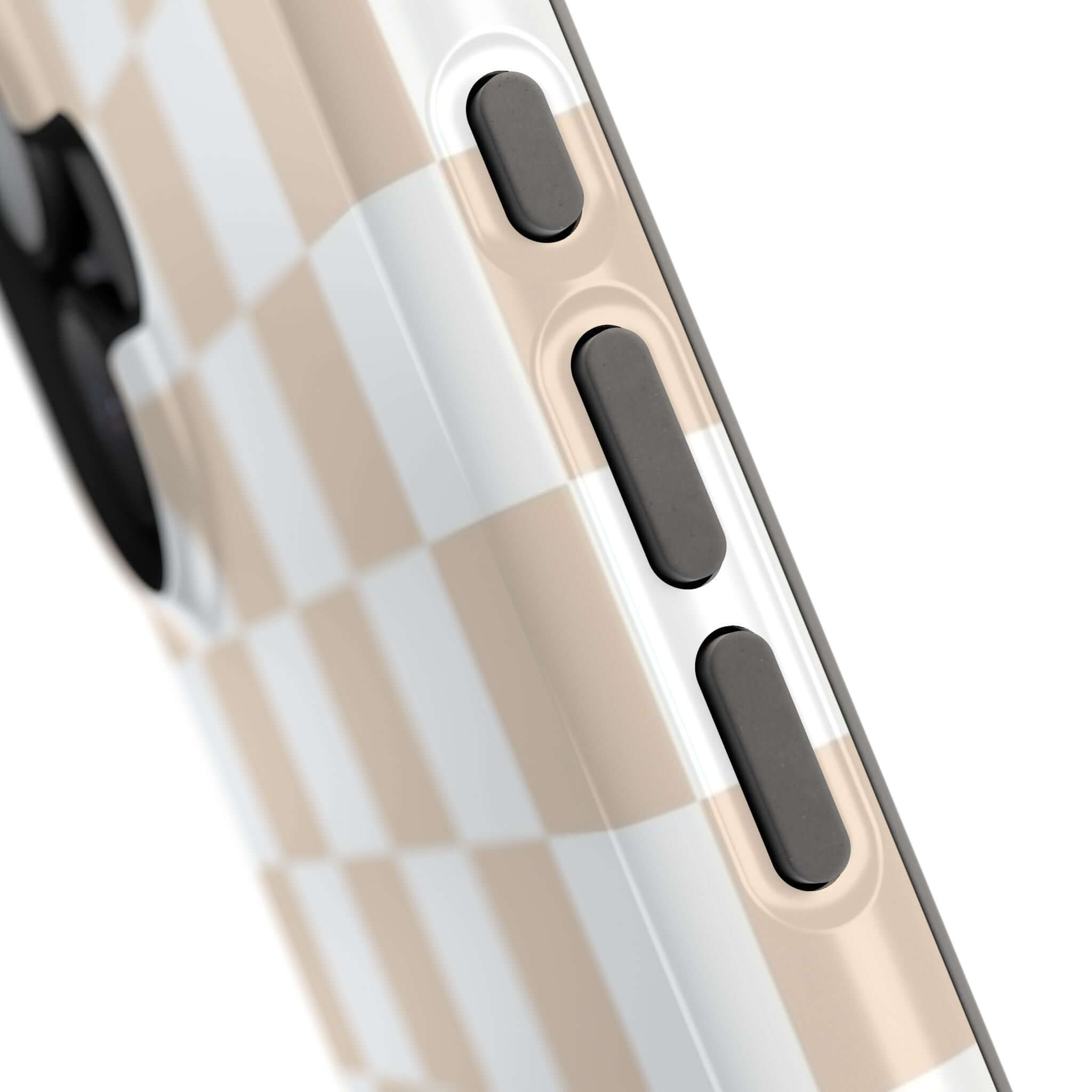 Cream checkered MagSafe iPhone 16 case close-up showing beige checkered pattern and protective phone case design.