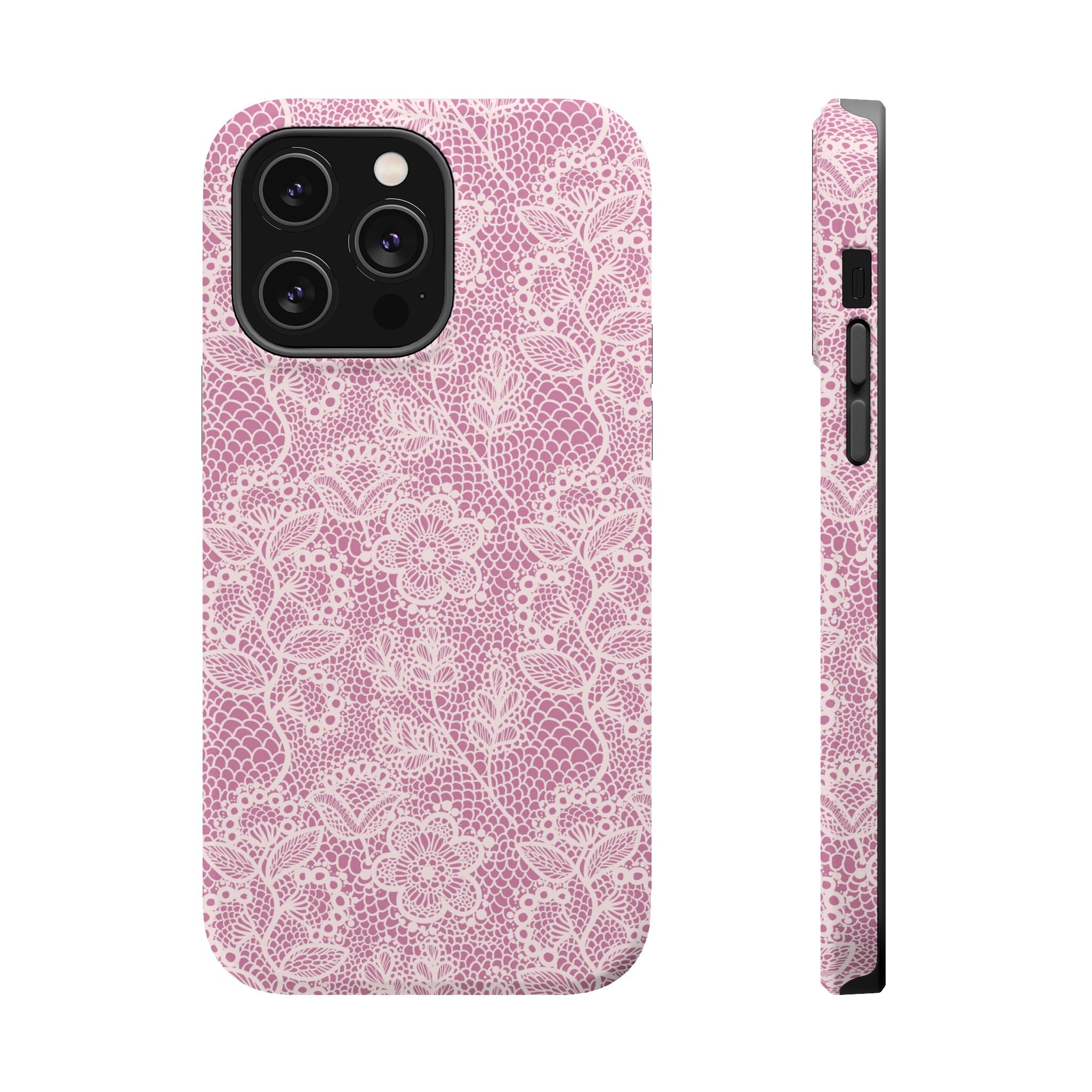 Pink lace MagSafe iPhone case with floral design, providing a cute and charming protective phone cover.