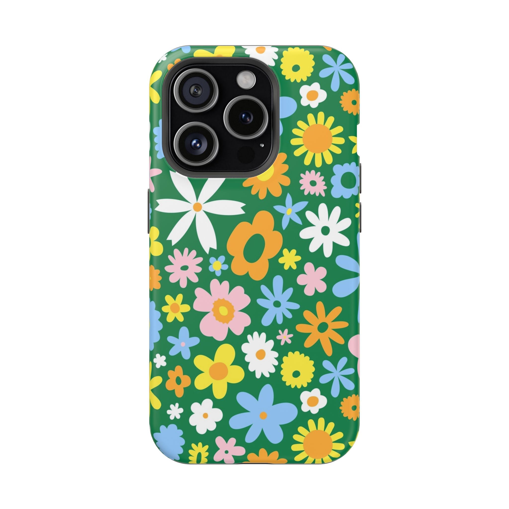 Vibrant floral MagSafe iPhone case with colorful hippie flower power design, cute phone cover perfect for style and protection.