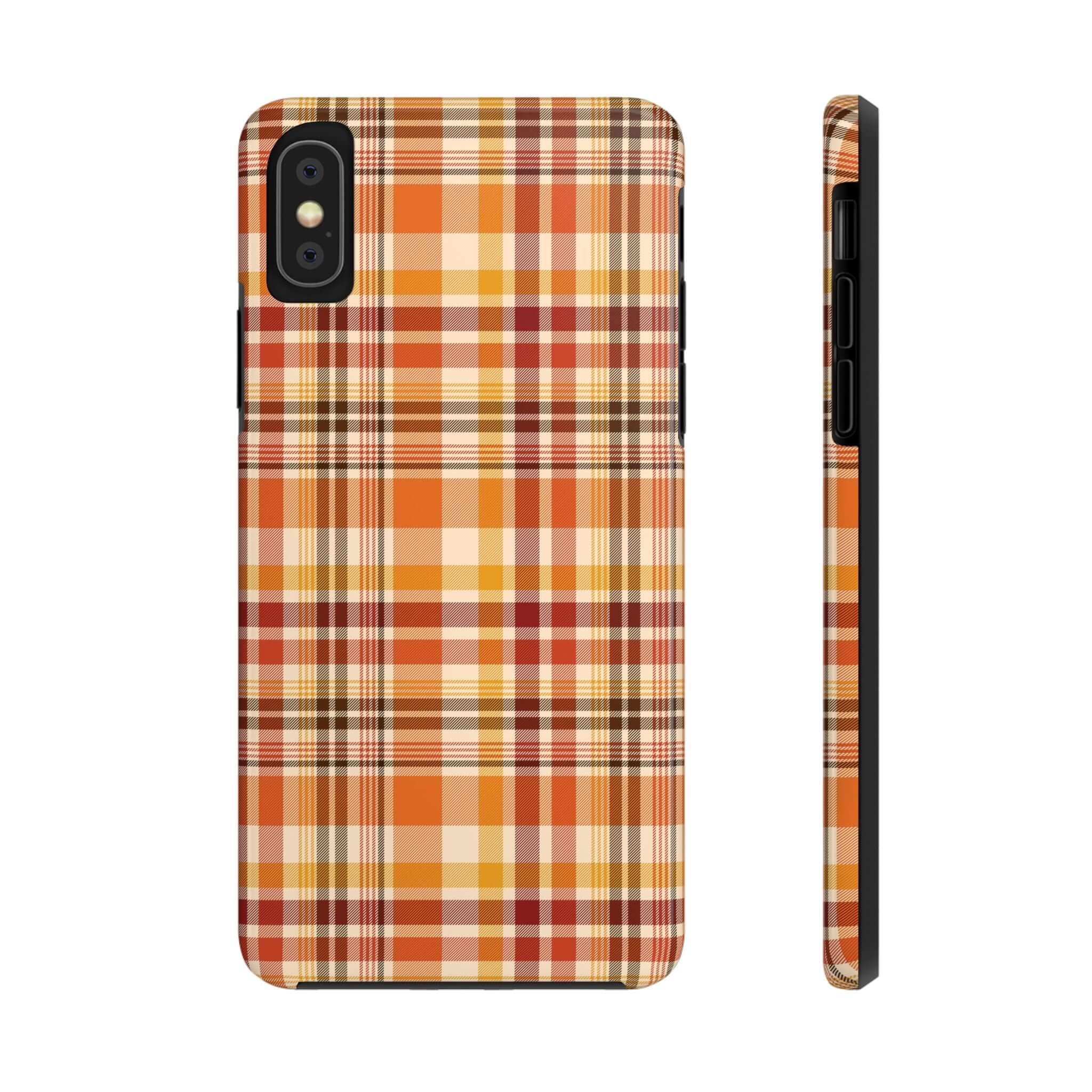 Autumn Air fall plaid phone case with a cute checkered design for Halloween and fall season, perfect for protecting iPhones in style