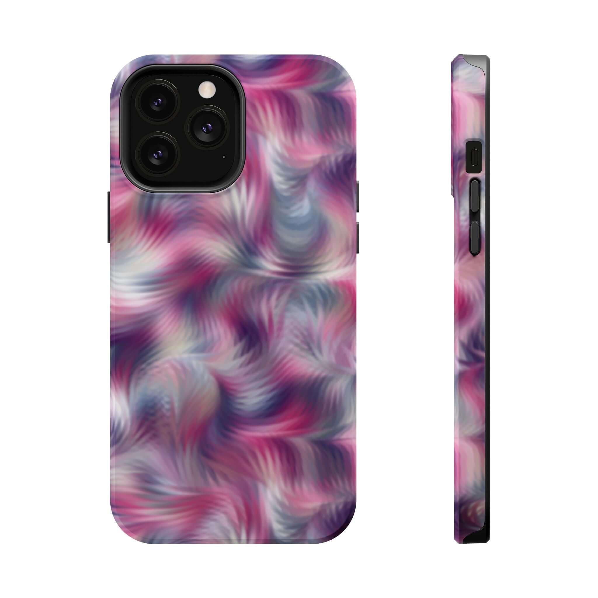 Purple abstract MagSafe iPhone case with tie dye swirl design, cute phone cover adding quirky flair and protection