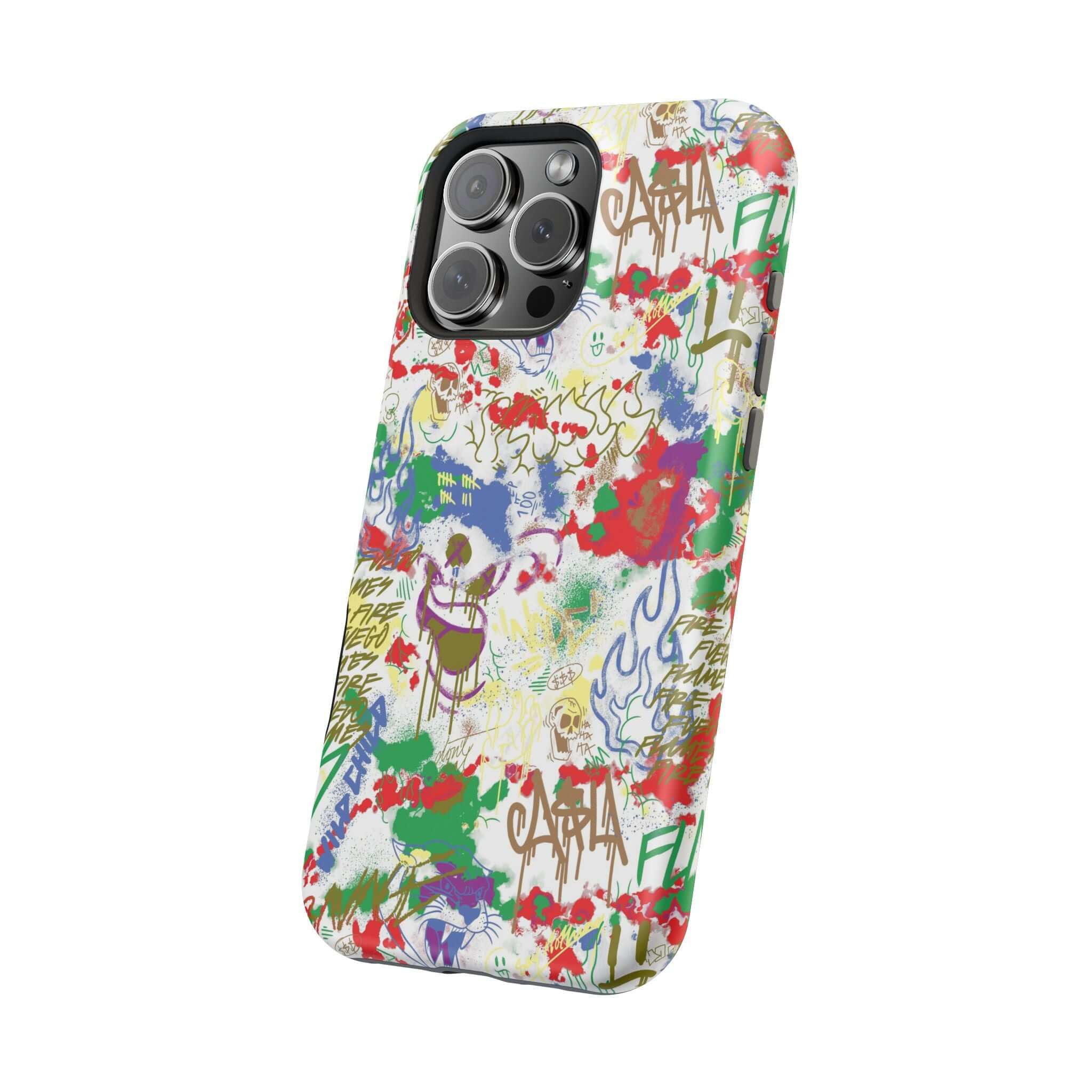 Cute phone cover with colorful graffiti design, featuring MagSafe technology for iPhone protection and style.