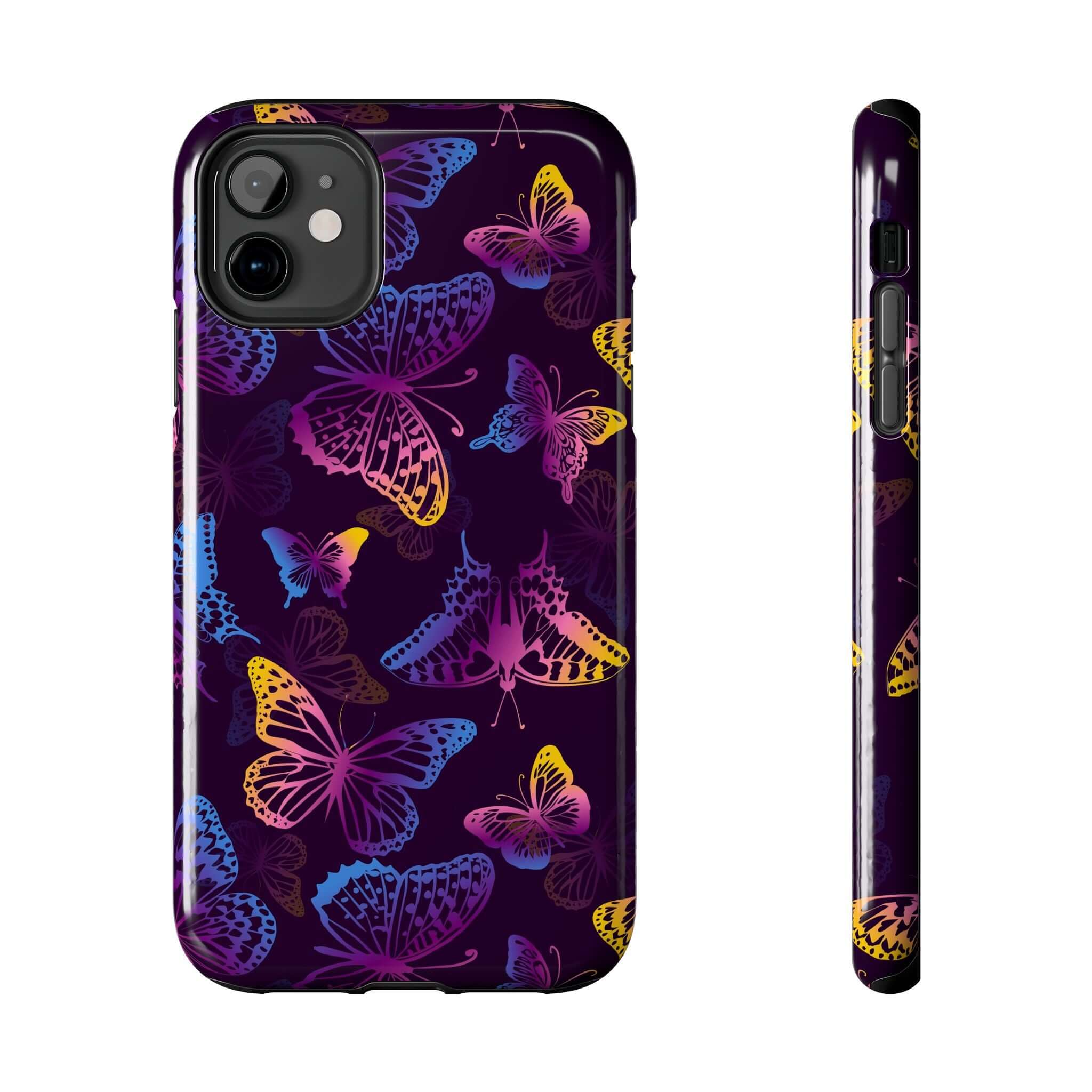 Midnight Flutter MagSafe iPhone Case with colorful butterflies on black, cute phone cover and bold floral iPhone case design.