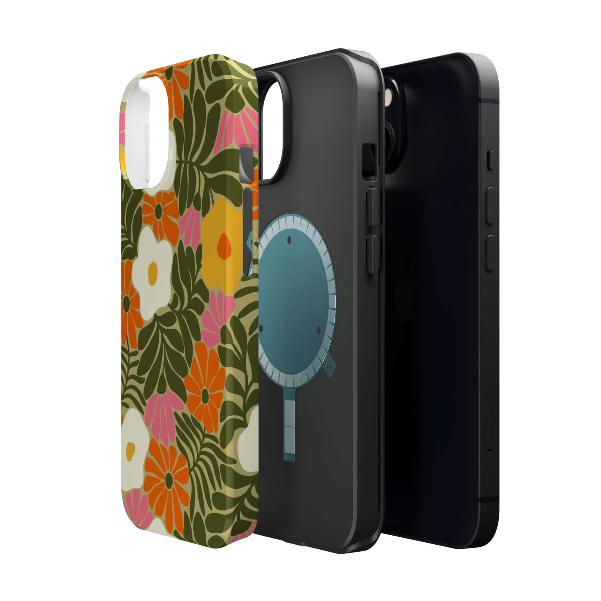 Colorful retro floral iPhone case alongside a sleek black phone cover, perfect for tropical beach vibes.