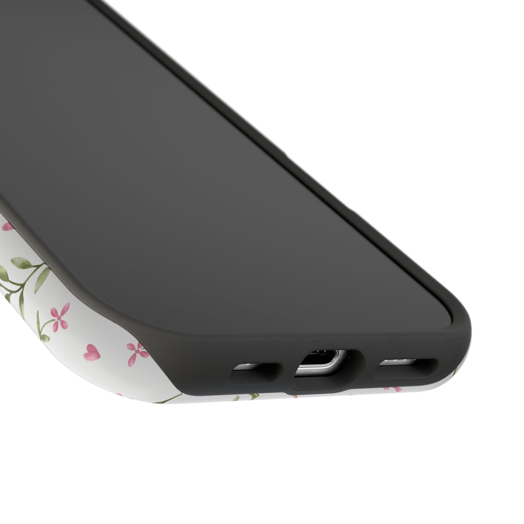 Close-up of Darling Daydream Pink Coquette MagSafe iPhone Case with floral design and charming bows, a cute phone cover.