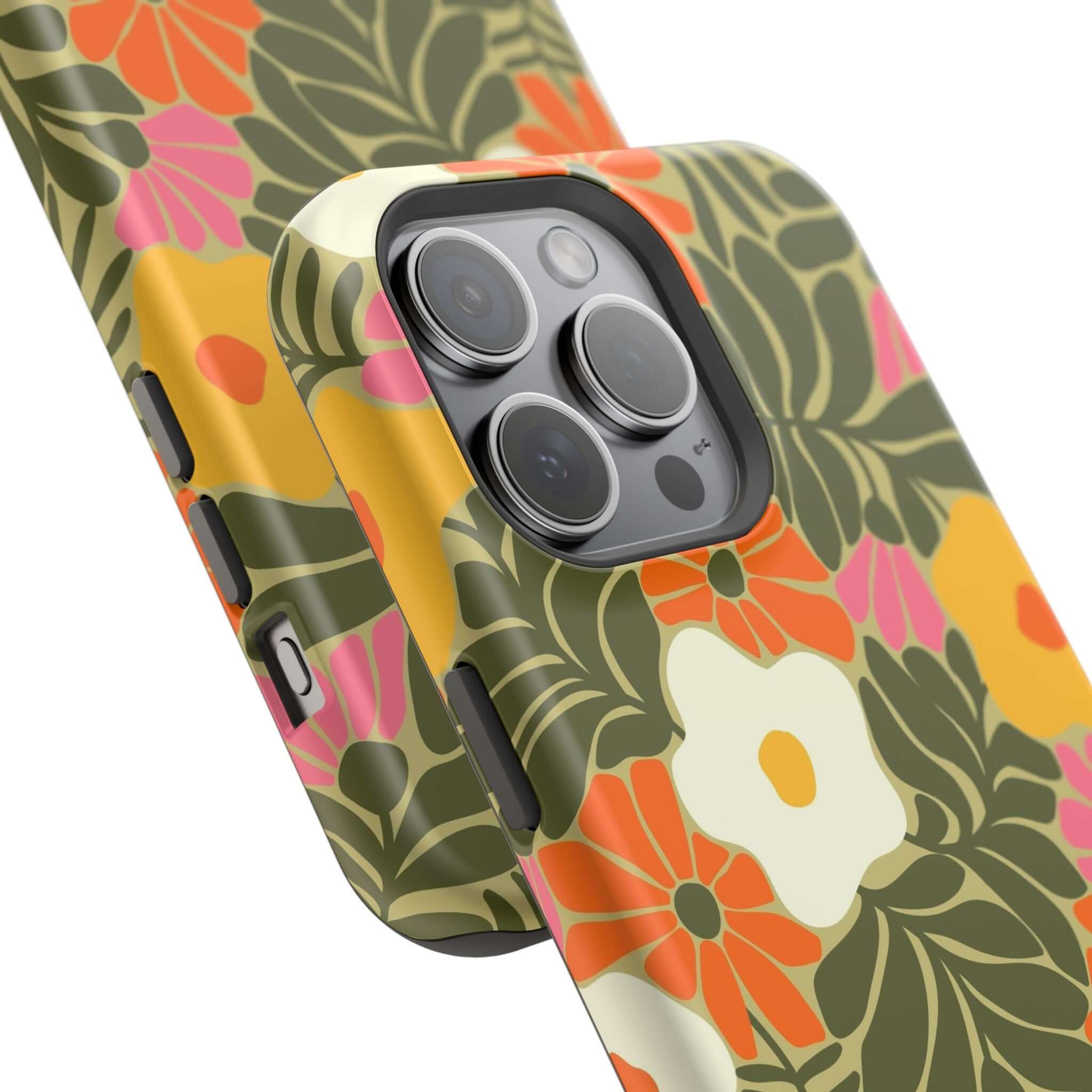 Colorful retro floral phone case for Apple iPhone, showcasing tropical vibes and MagSafe compatible design.