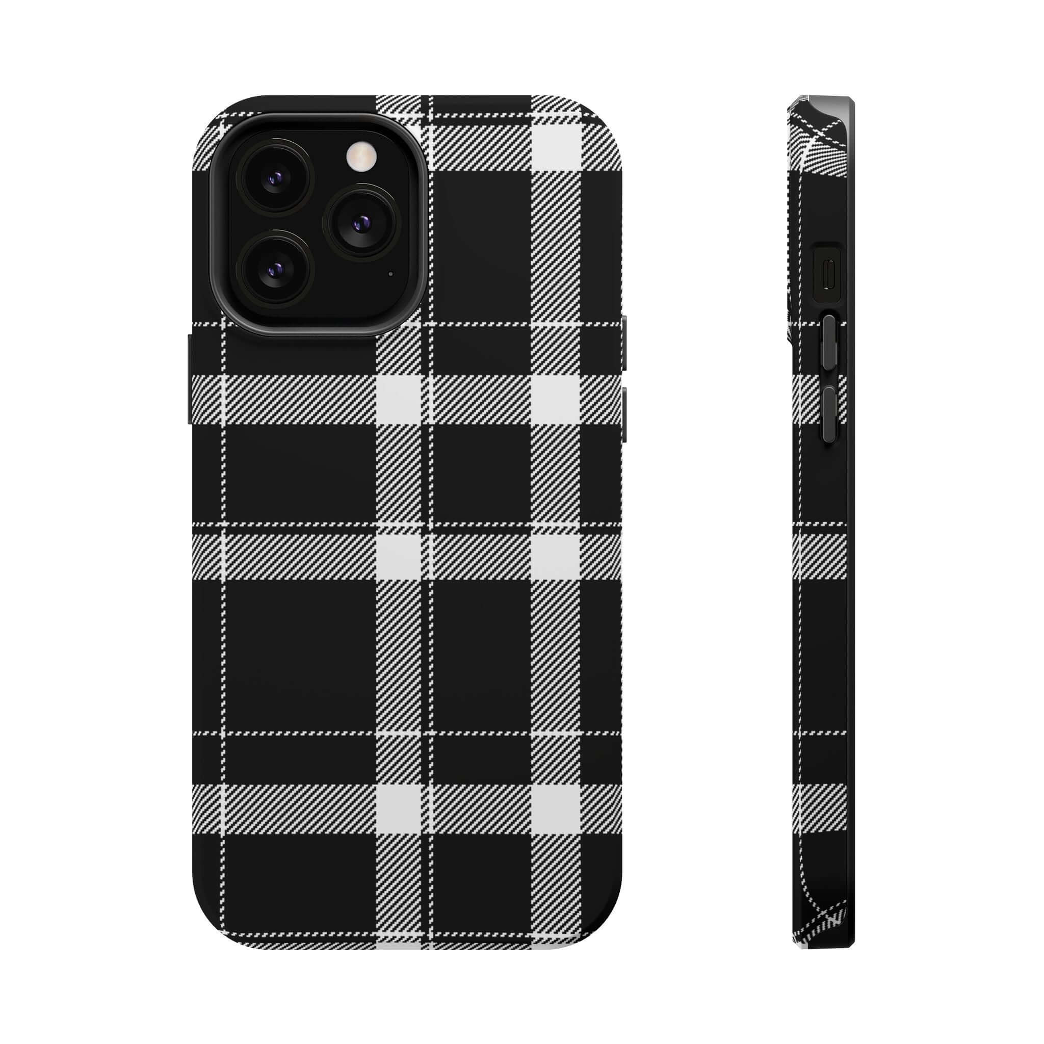 Classic black plaid phone case for Apple iPhone, stylish and cute phone cover for fashion-forward individuals.