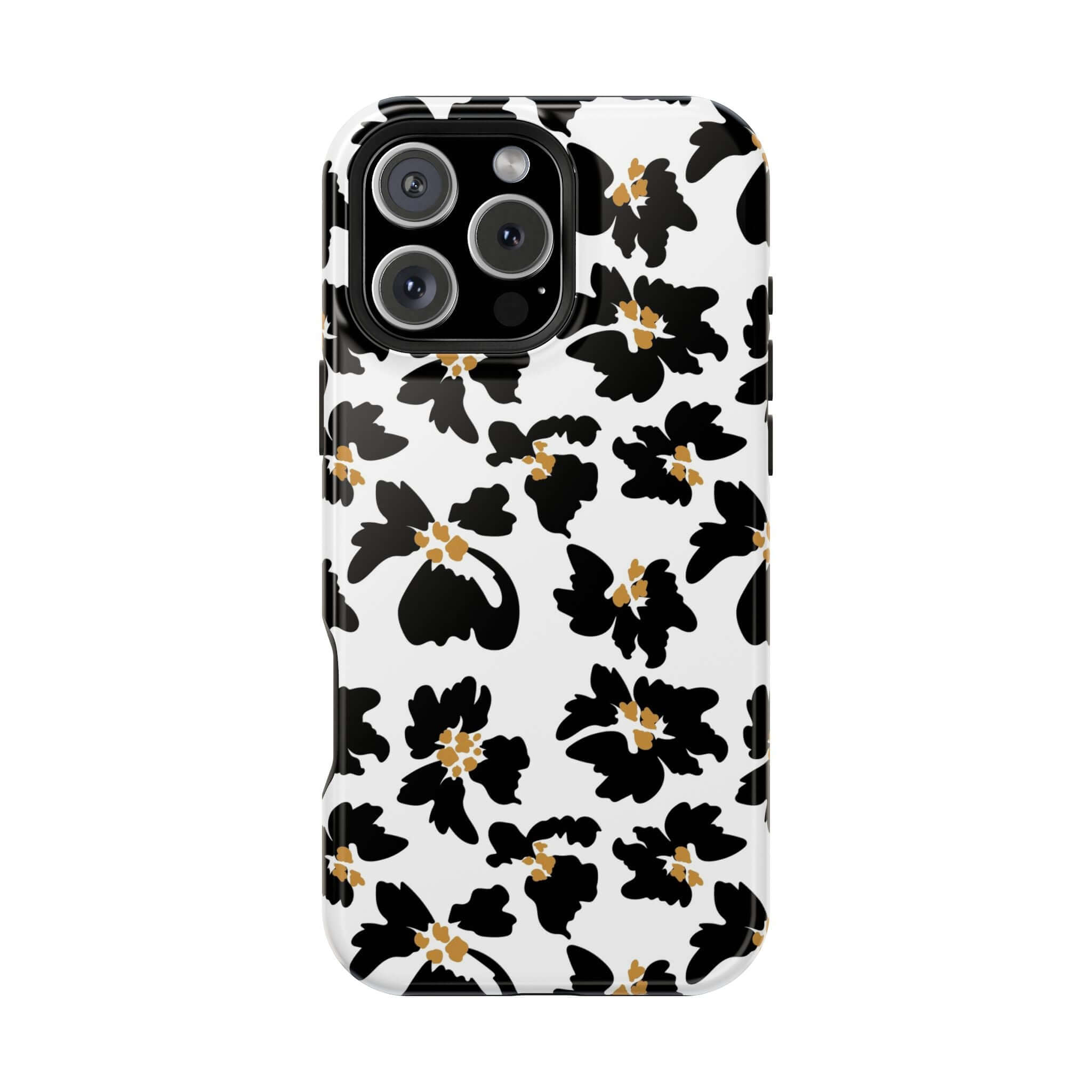 Modern Noir Flora black floral iPhone case with cute animal print, protective and stylish MagSafe compatible cover.