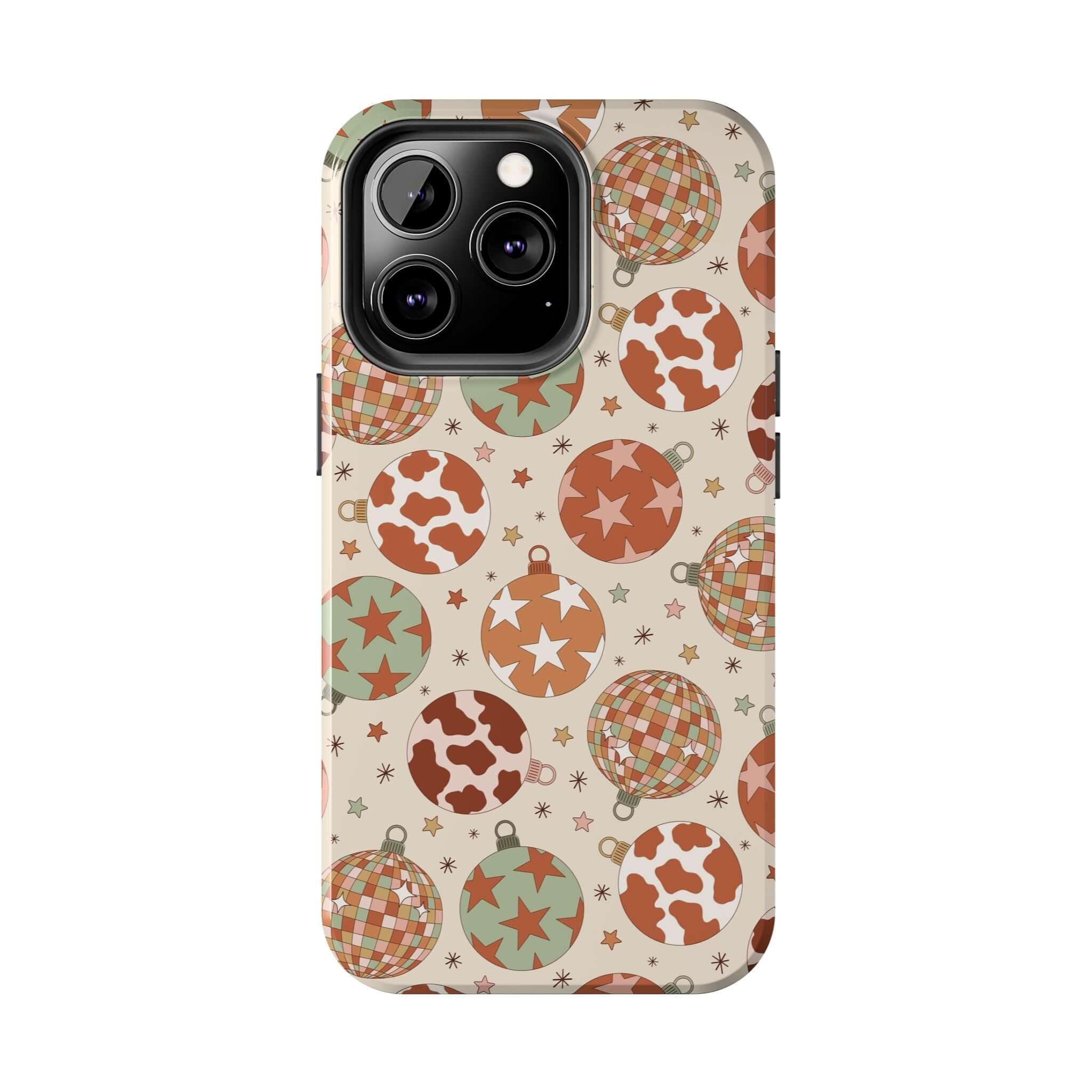 Western-themed cute iPhone case with Christmas patterns, colorful ornaments, and cowgirl style design, ideal holiday accessory.