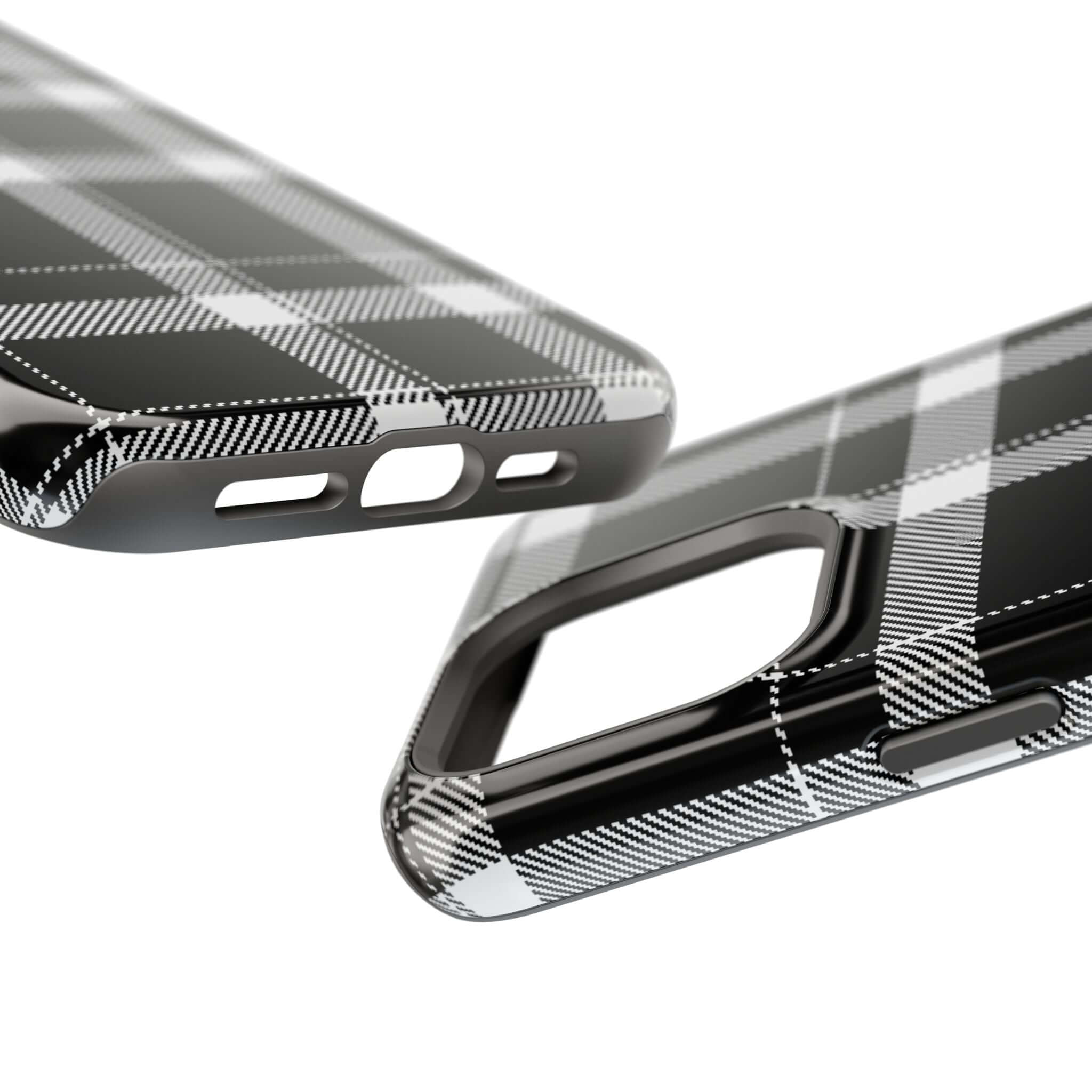 Close-up of a black plaid phone case, a cute Apple iPhone cover for a stylish look and protection.