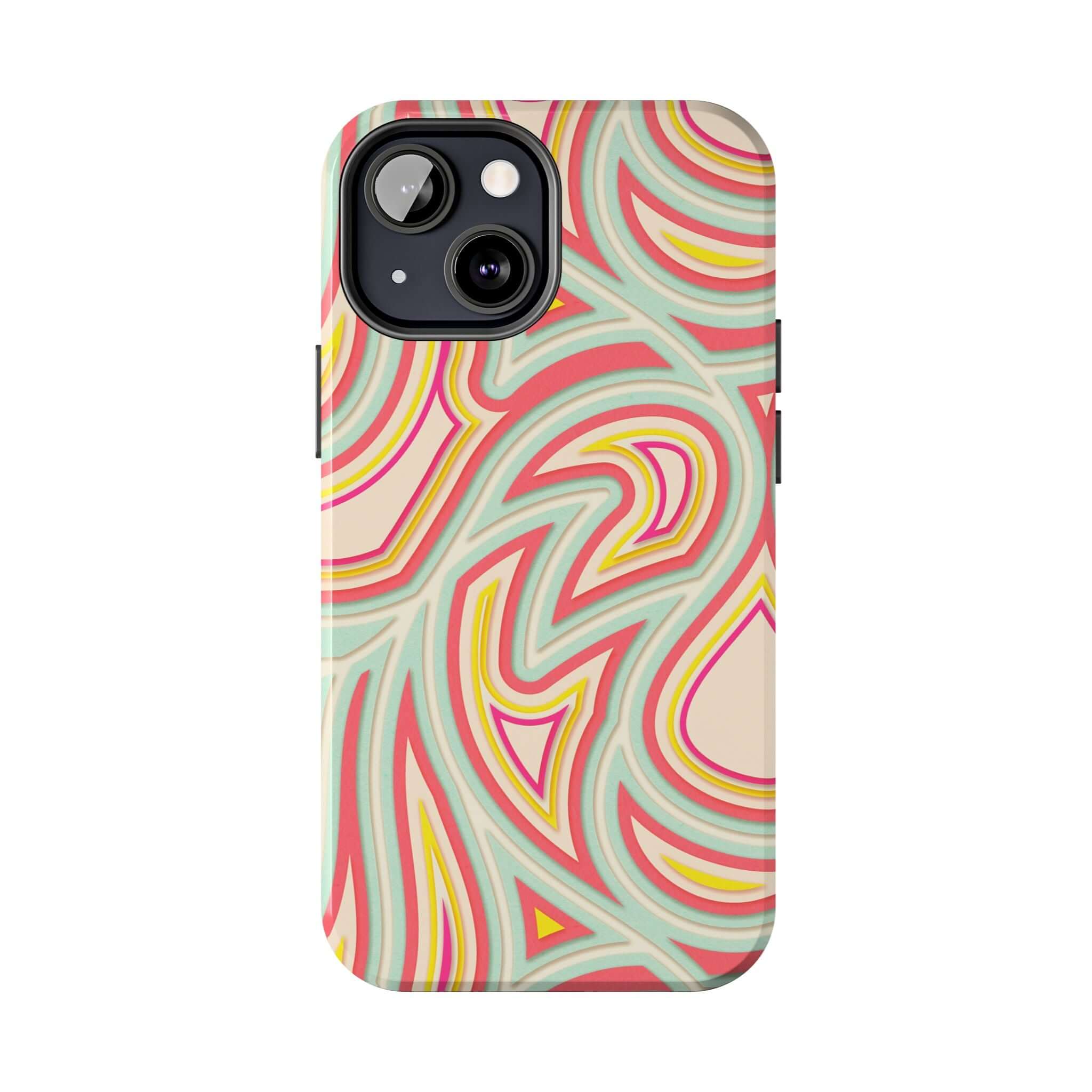 Colorful retro abstract iPhone case with groovy waves and psychedelic patterns.