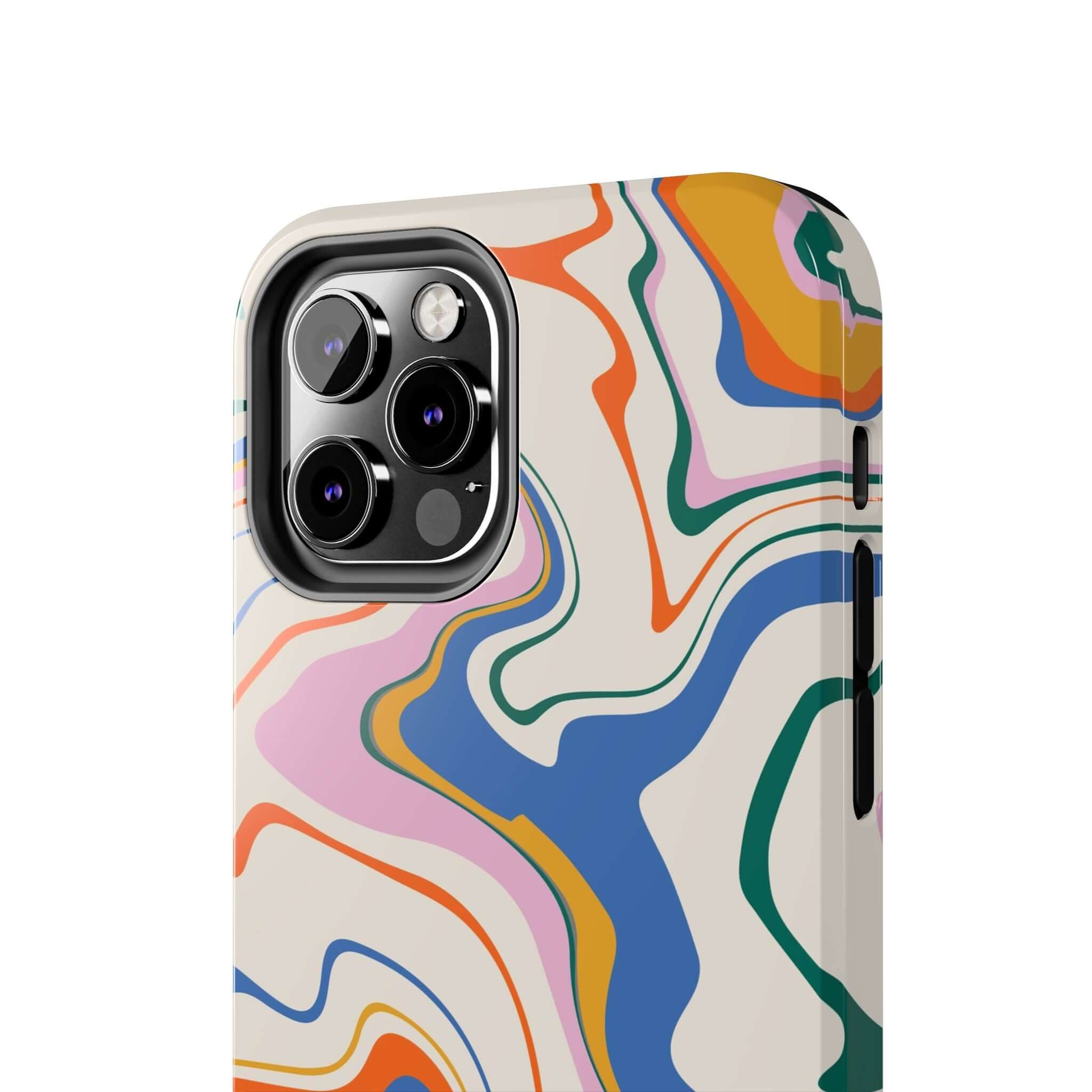 Colorful abstract swirl design phone case for iPhone 14 Pro Max, showcasing vibrant protection for your device.