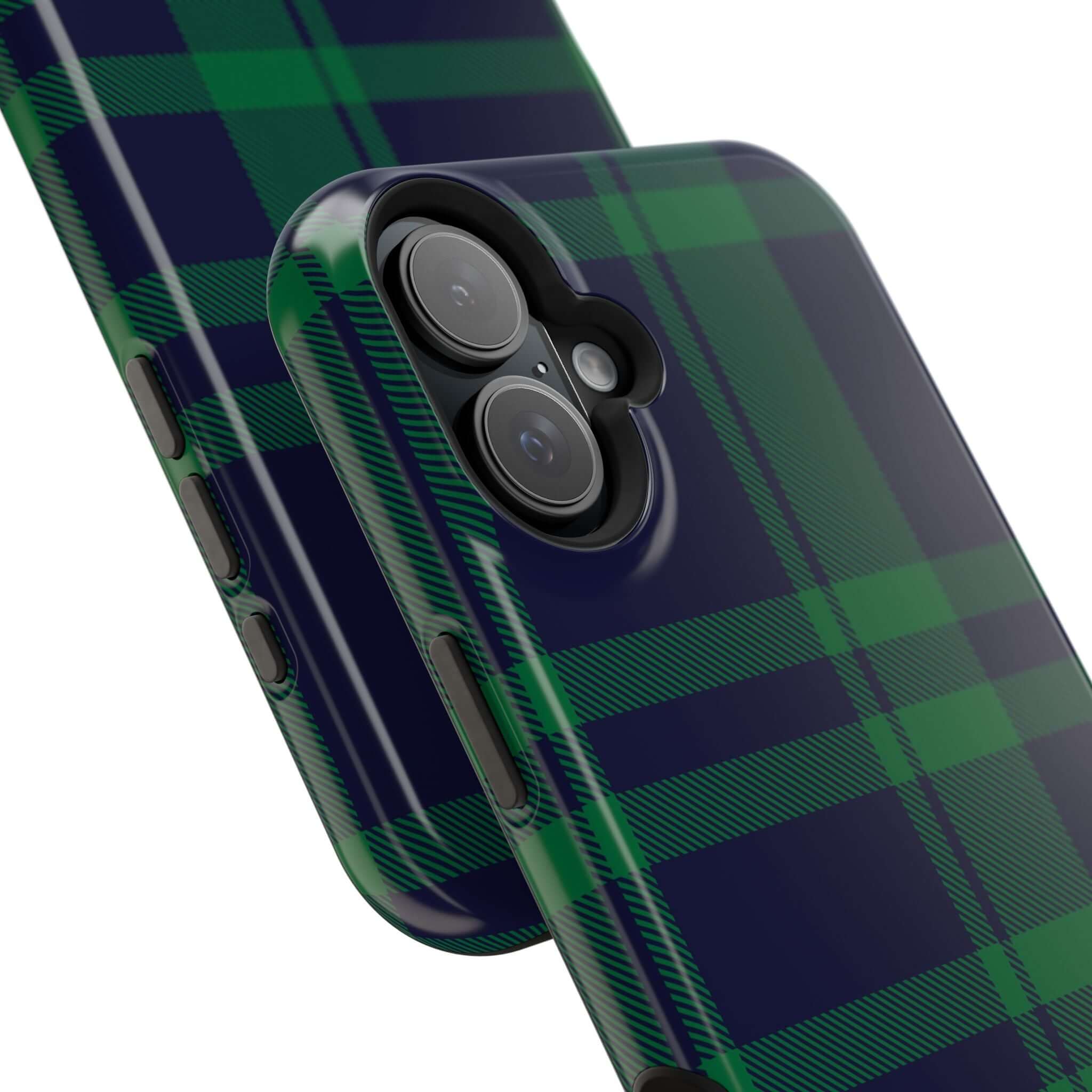 Mistletoe Plaid MagSafe Case for iPhone, showcasing a cute green and navy plaid pattern perfect for the holidays.