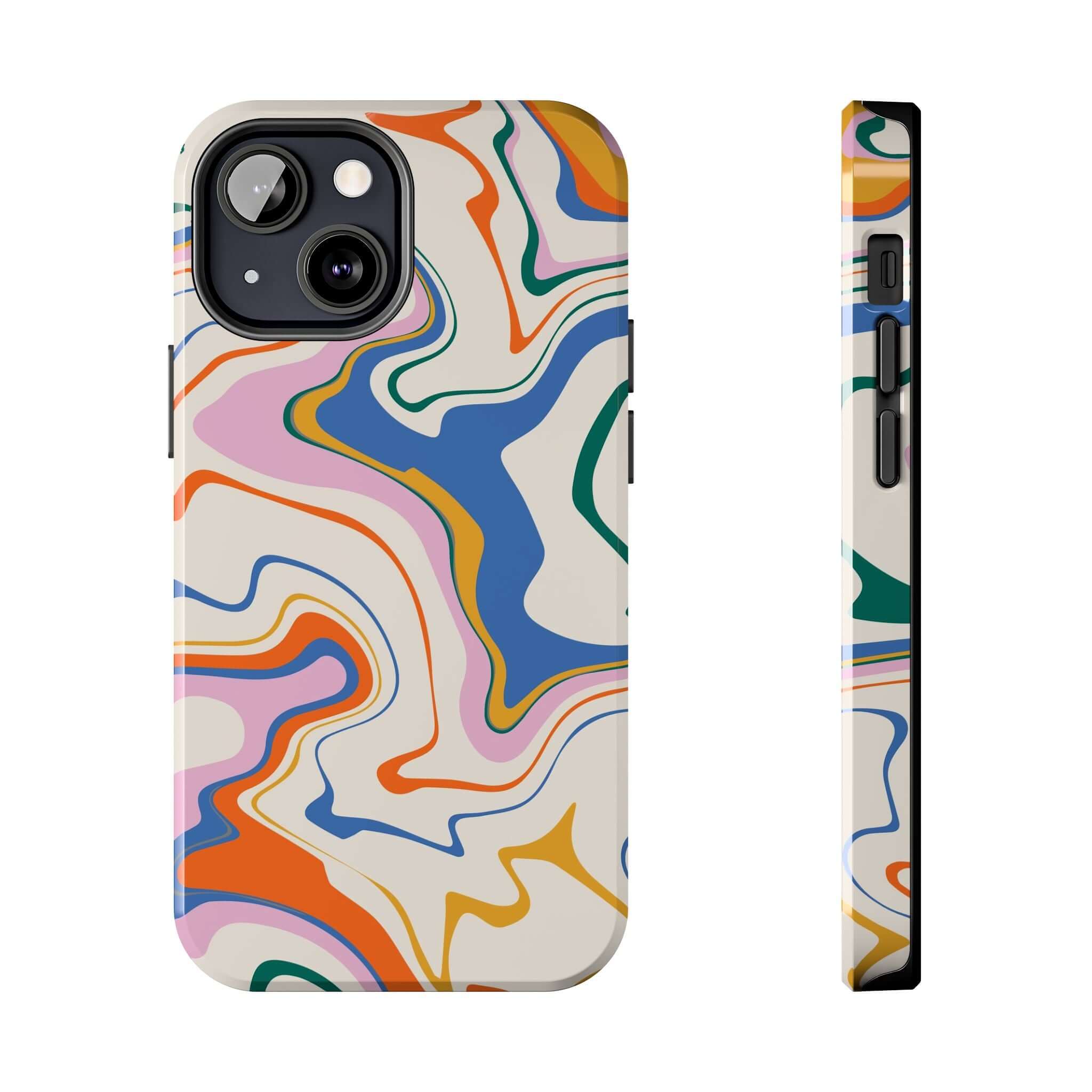 Colorful abstract phone case for iPhone 14 Pro Max, vibrant swirl design, cute and protective, fits Samsung S23, colorful iPhone case.