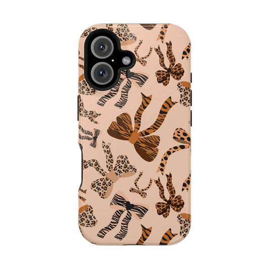 Safari Coquette leopard bows MagSafe case for iPhone, featuring a colorful and cute abstract pattern, showcasing wild personality.