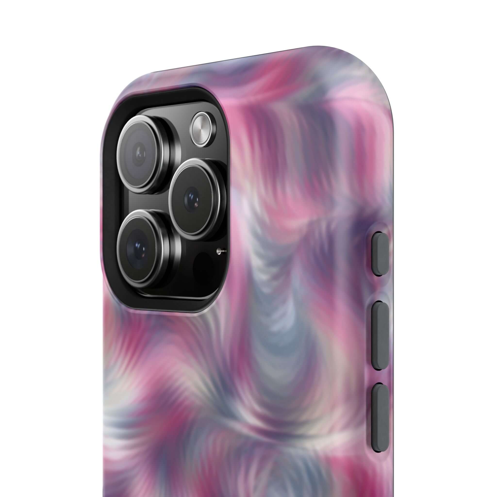 Purple abstract MagSafe iPhone case with quirky tie dye swirl, cute and protective floral phone cover design.