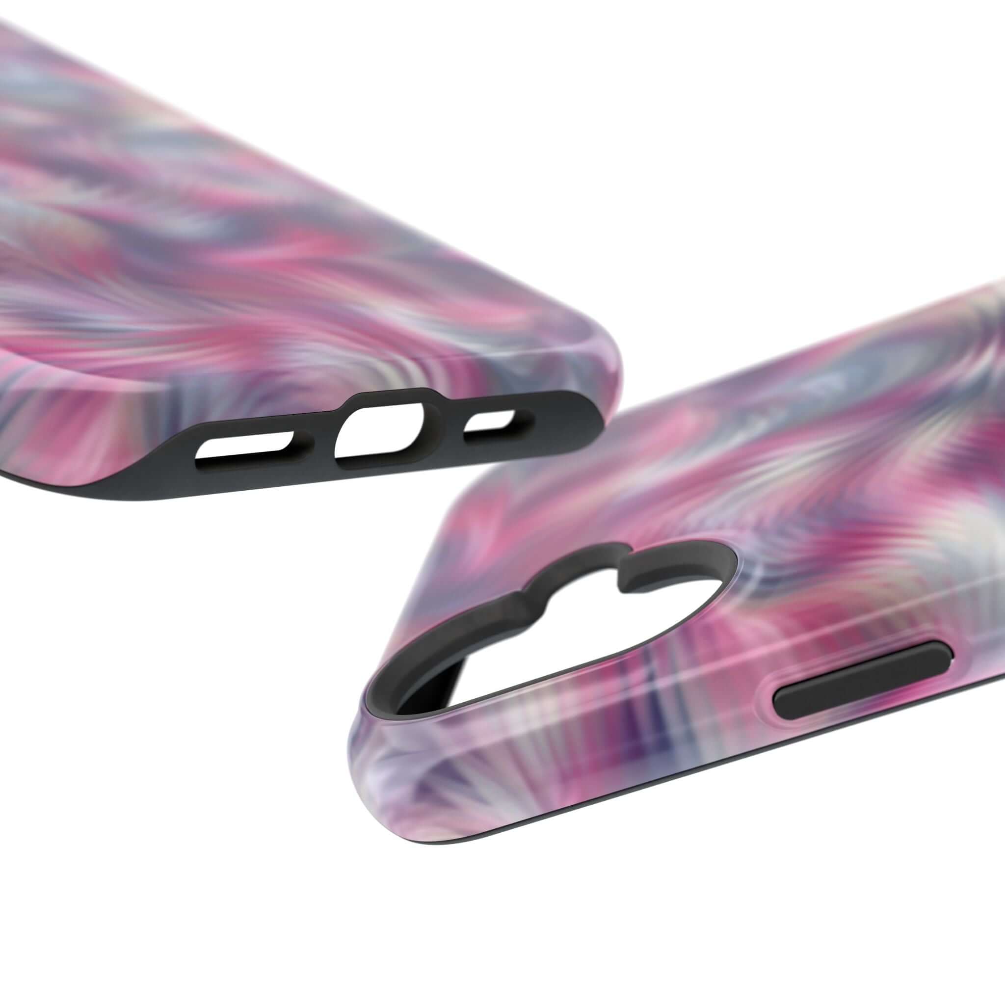 MagSafe iPhone case with purple abstract tie dye design, featuring a cute and quirky phone cover, perfect for a playful personality.