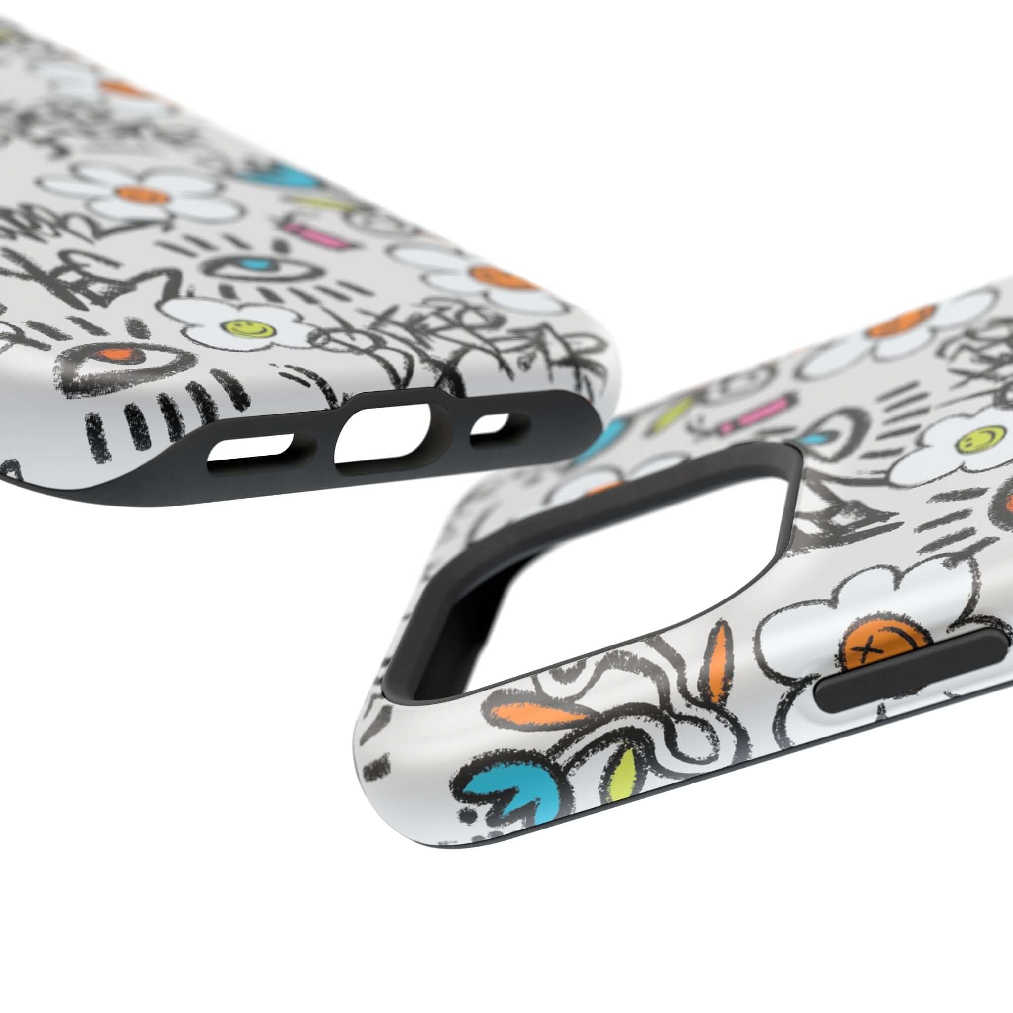 Close-up of the Happy Chaos Floral Graffiti Case, showcasing its cute design and vibrant colors for an iPhone.