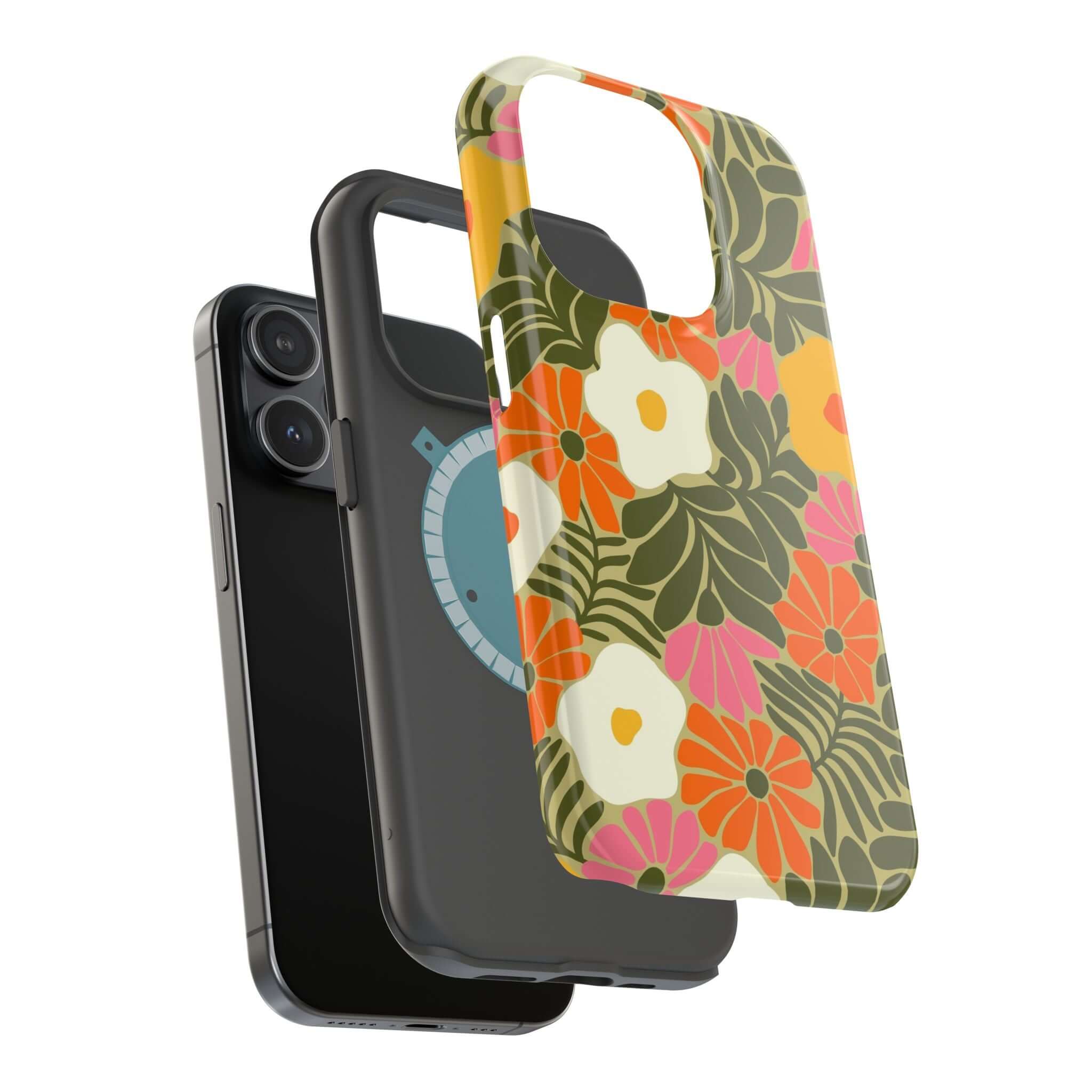 Retro Beach Vibes iPhone case with colorful floral design and MagSafe compatibility for cute phone cover fun.