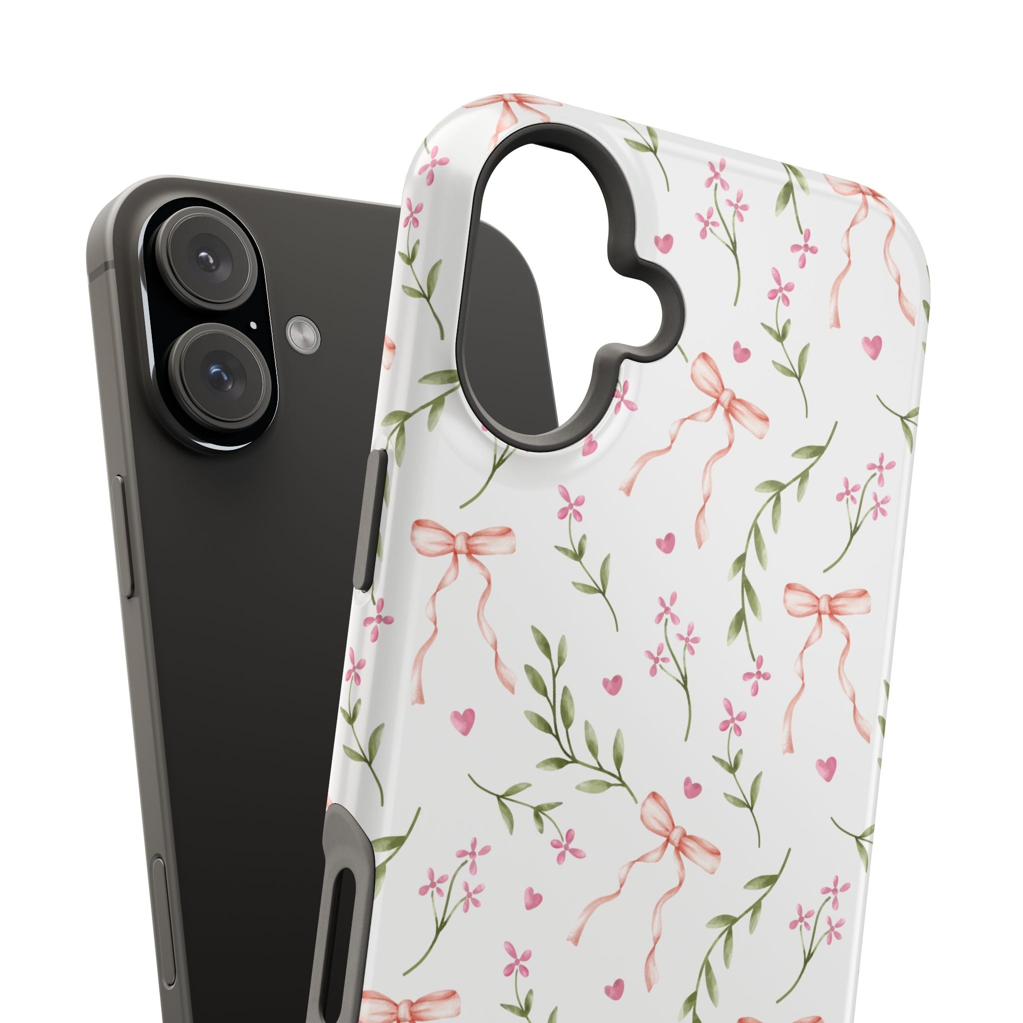 Charming pink floral MagSafe iPhone case with bows by Darling Daydream, perfect cute phone cover for stylish flair.