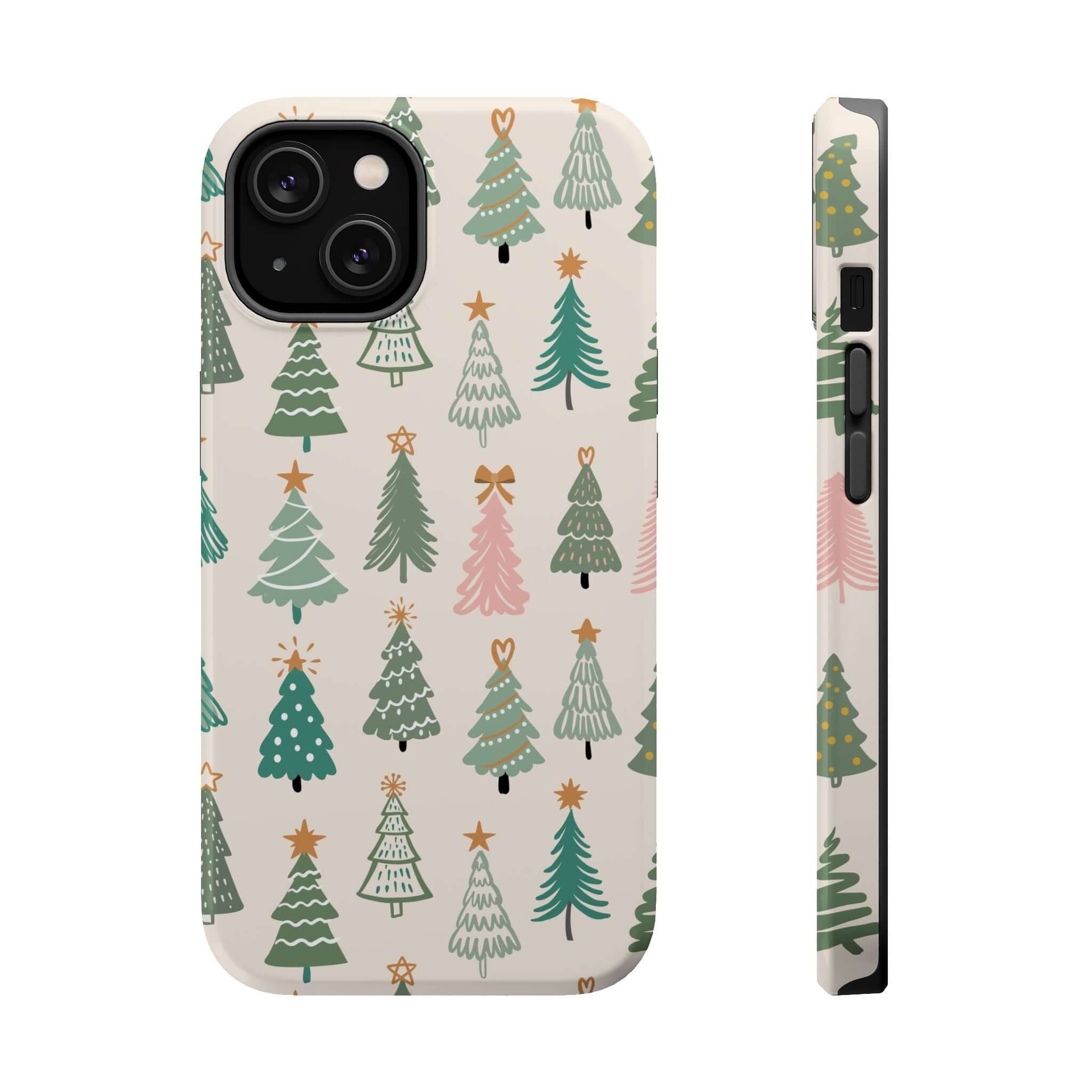 Festive Christmas tree design MagSafe case, holiday-themed cute phone cover with Xmas style and convenient MagSafe technology.