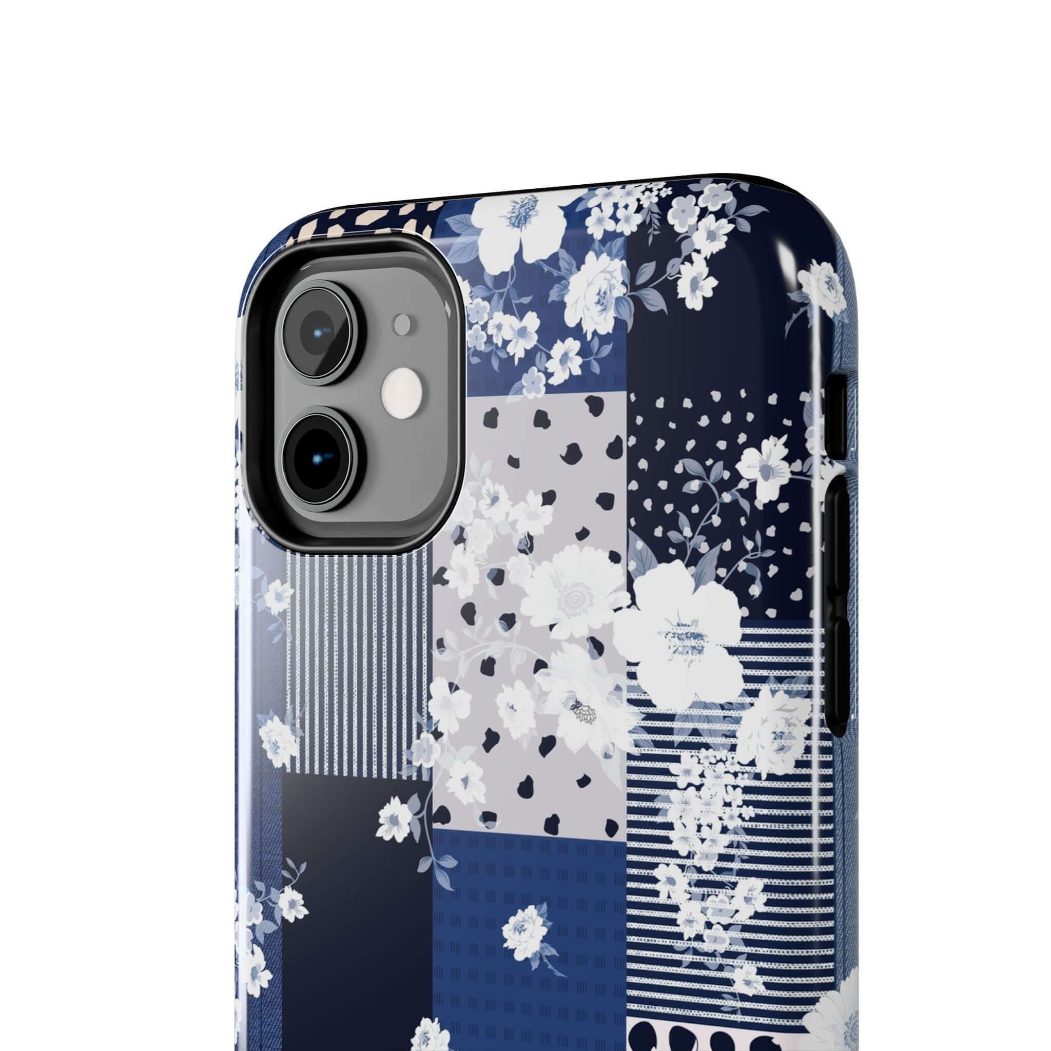 Sorority Book Club iPhone case featuring a playful blue floral patchwork design, perfect cute phone case for iPhones and Samsung phones.