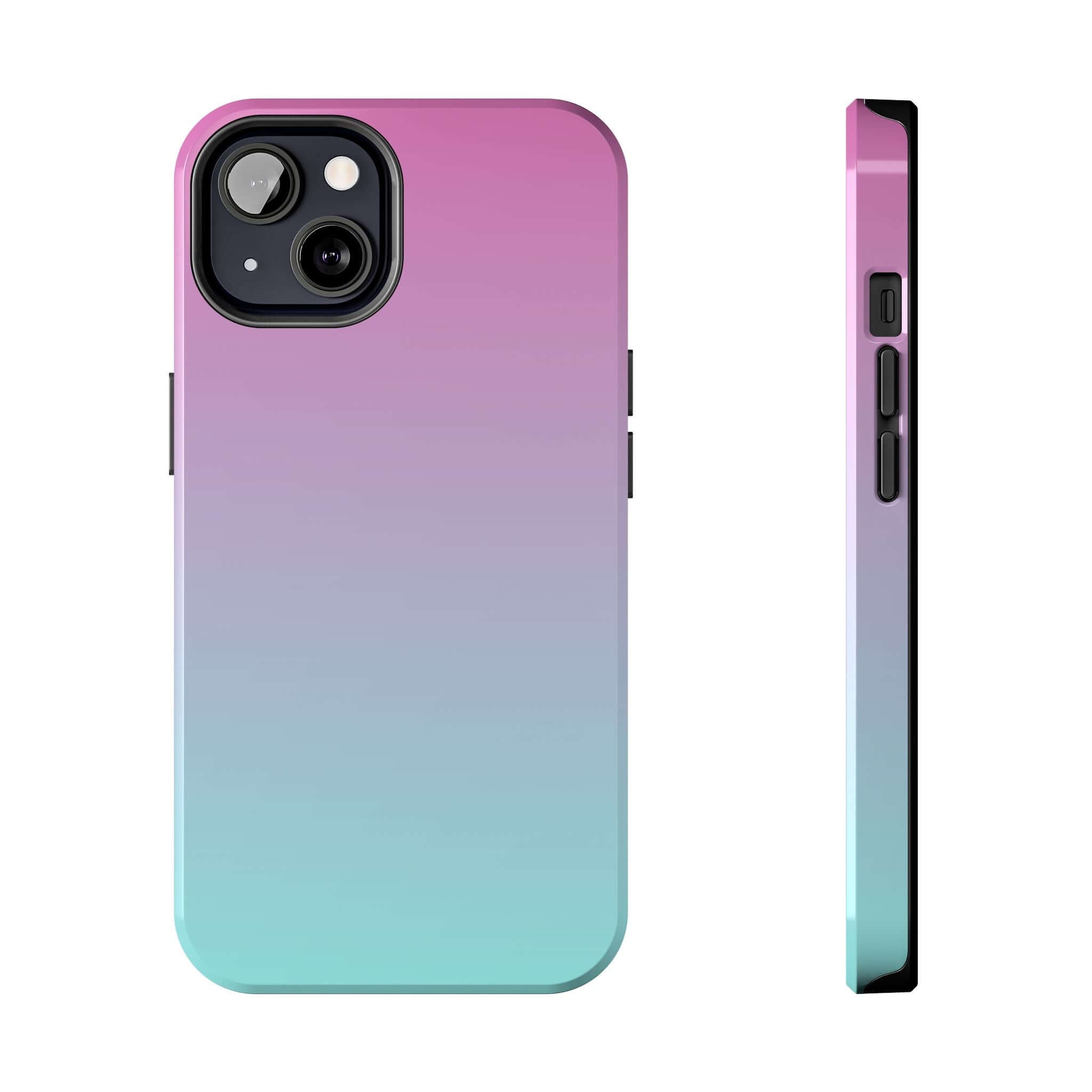 Cute pink and teal iPhone 14 case, Sweet Pink Dreamer, perfect phone cover with gradient design, free shipping available