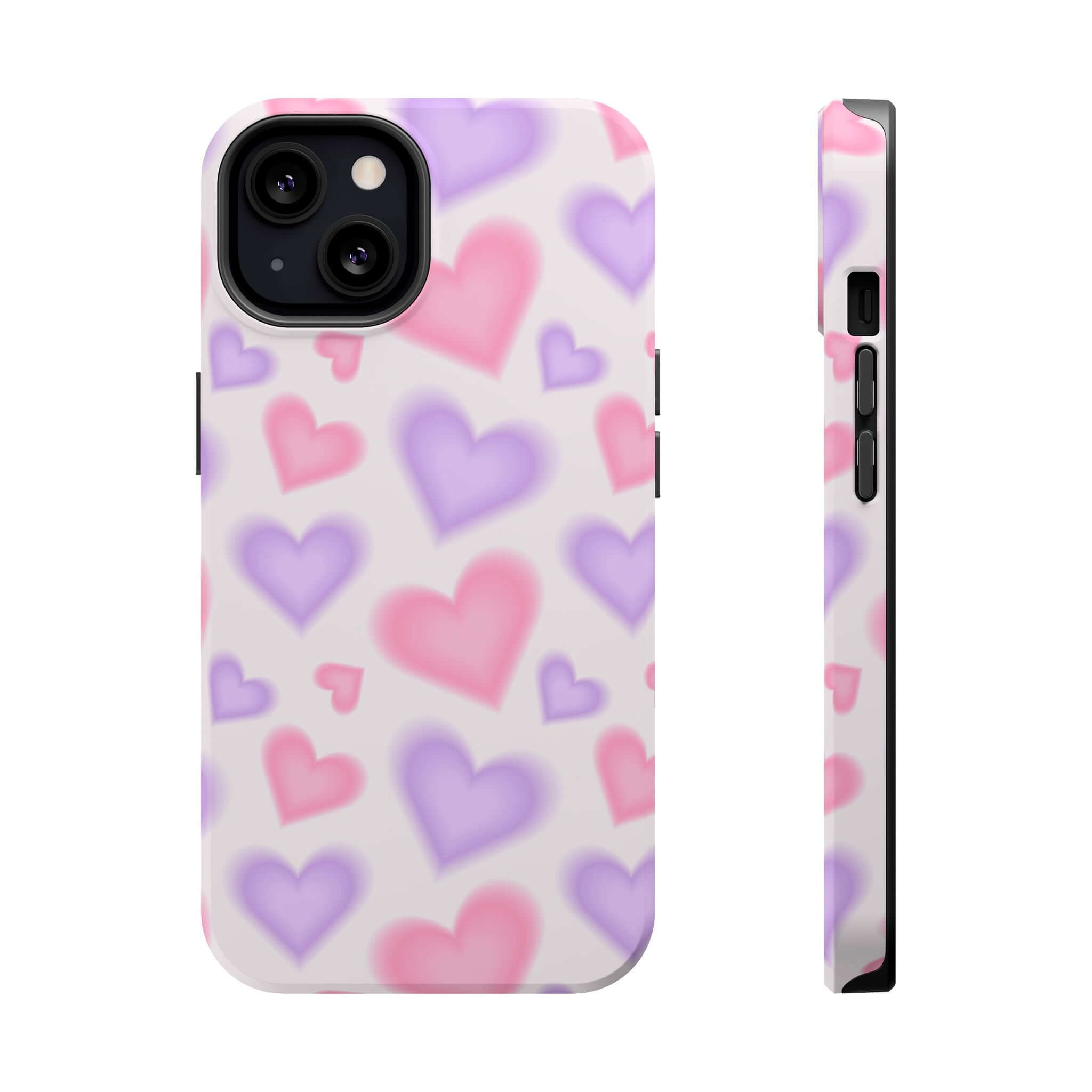 Cute phone cover with blurred pink and purple hearts design, perfect for Apple iPhone, combining style and protection.