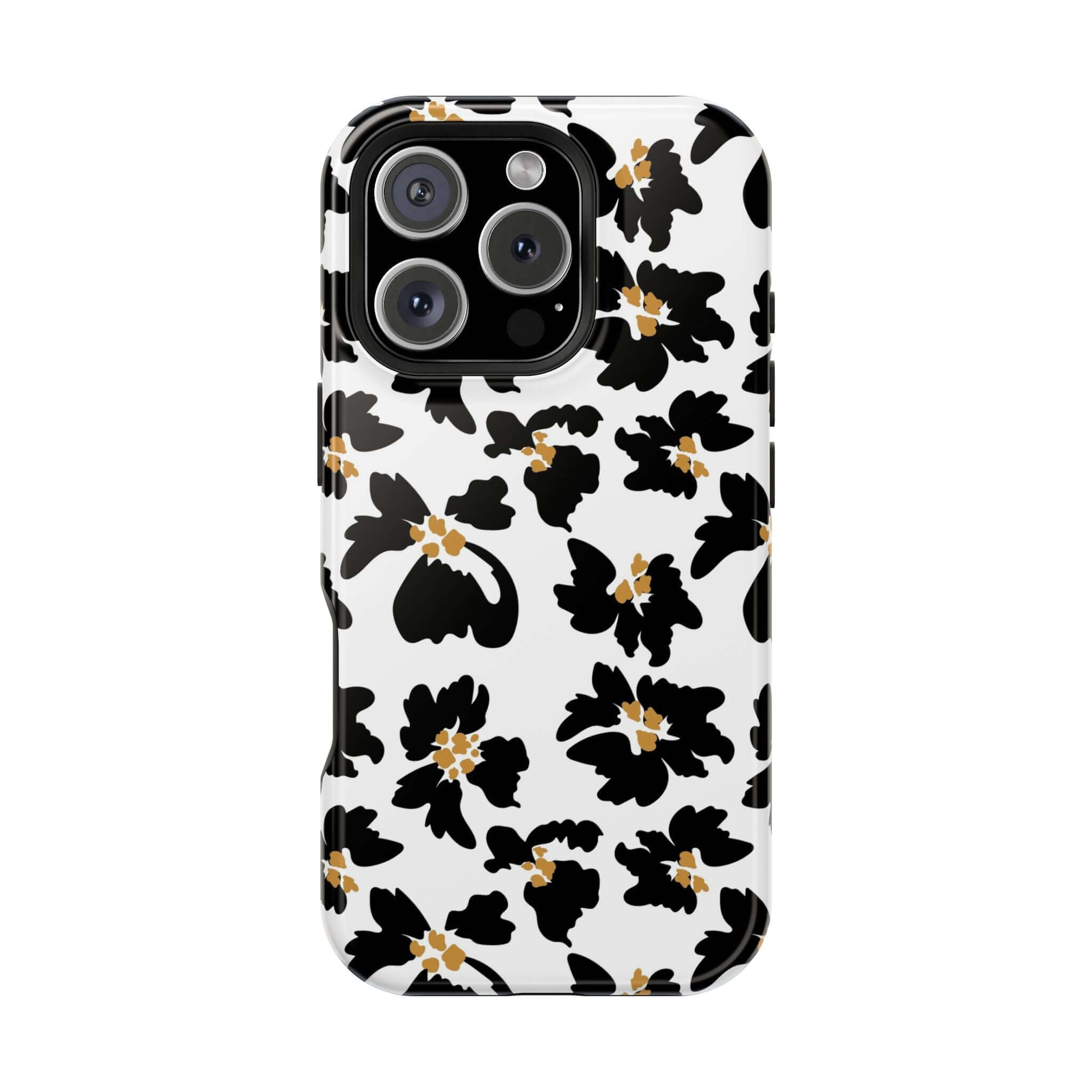 Modern Noir Flora black floral phone case with cute animal print design, compatible with iPhone MagSafe for stylish protection.