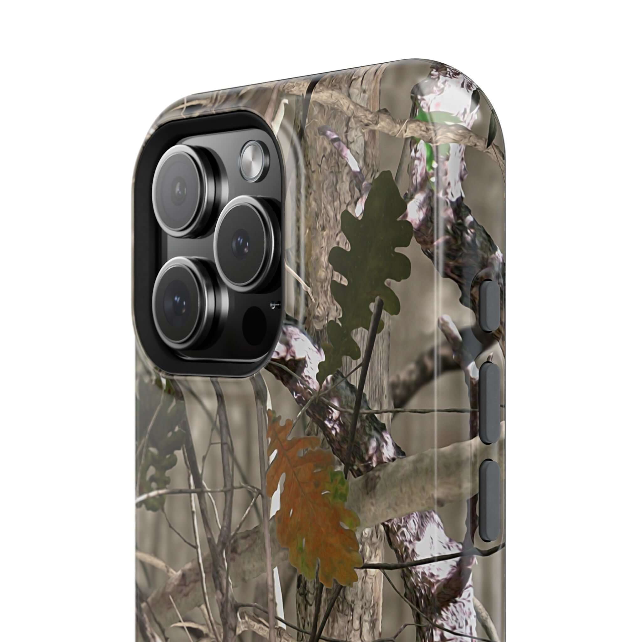 Forest camo modern phone case with animal print, compatible with MagSafe technology. Perfect cute accessory for iPhones.