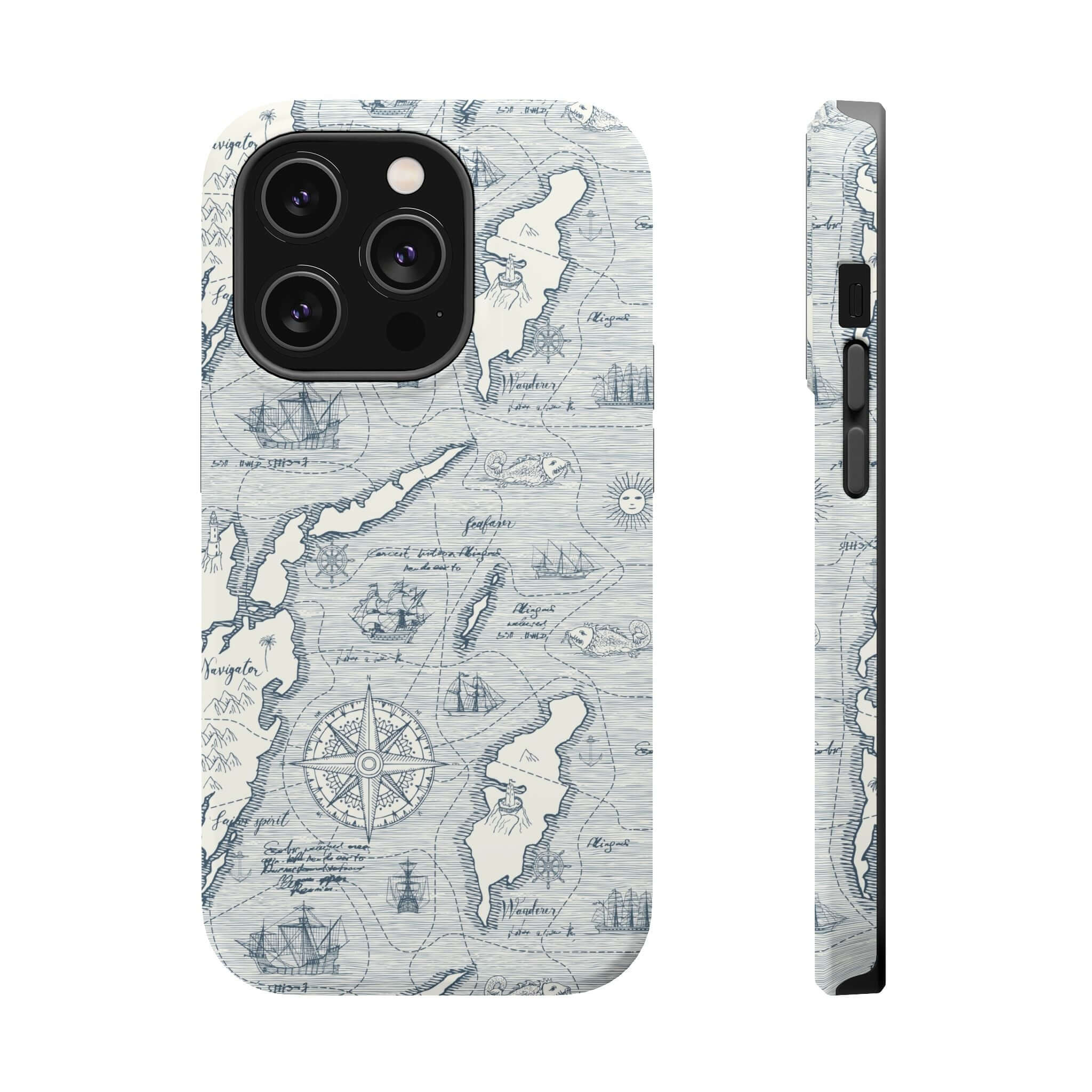 Teal Pirates Passageway iPhone 14 Pro Max case with nautical map design and MagSafe technology for secure, stylish nautical adventures.