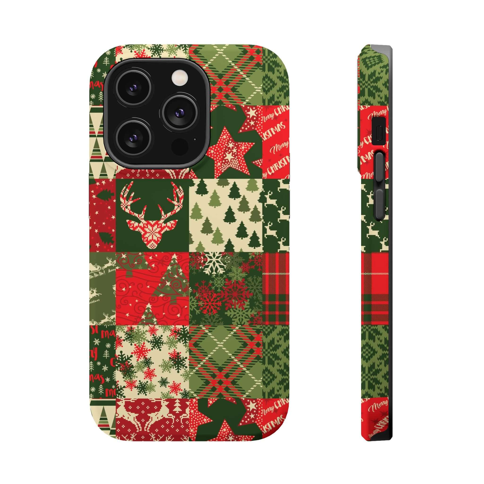 Festive Cozy Quiltmas MagSafe phone case with Christmas patchwork design, featuring trees and reindeer. Perfect Xmas phone cover.